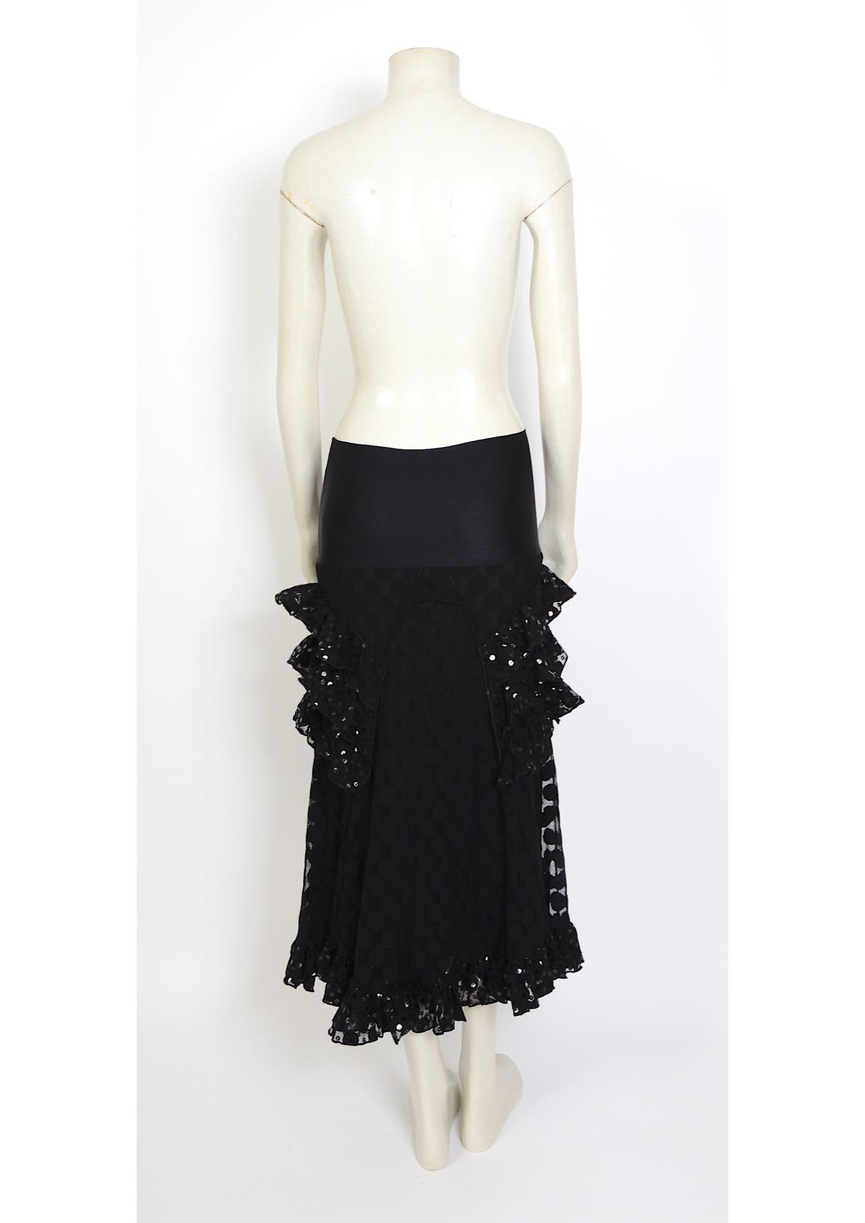 Black Jean Paul Gaultier soleil vintage SS 2005 black sequins & ruffles mesh skirt   For Sale