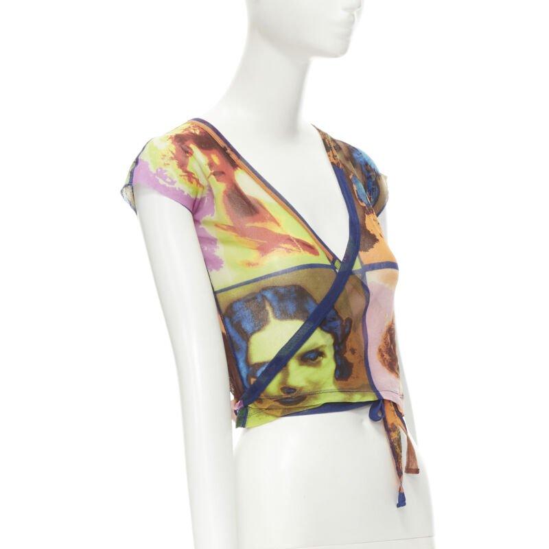 Brown JEAN PAUL GAULTIER Soleil Vintage 2002 Portaits print sheer wrap tie top shirt M