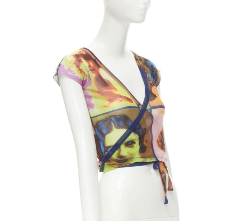 JEAN PAUL GAULTIER Soleil Vintage 2002 Portaits print sheer wrap tie top shirt M In Excellent Condition In Hong Kong, NT