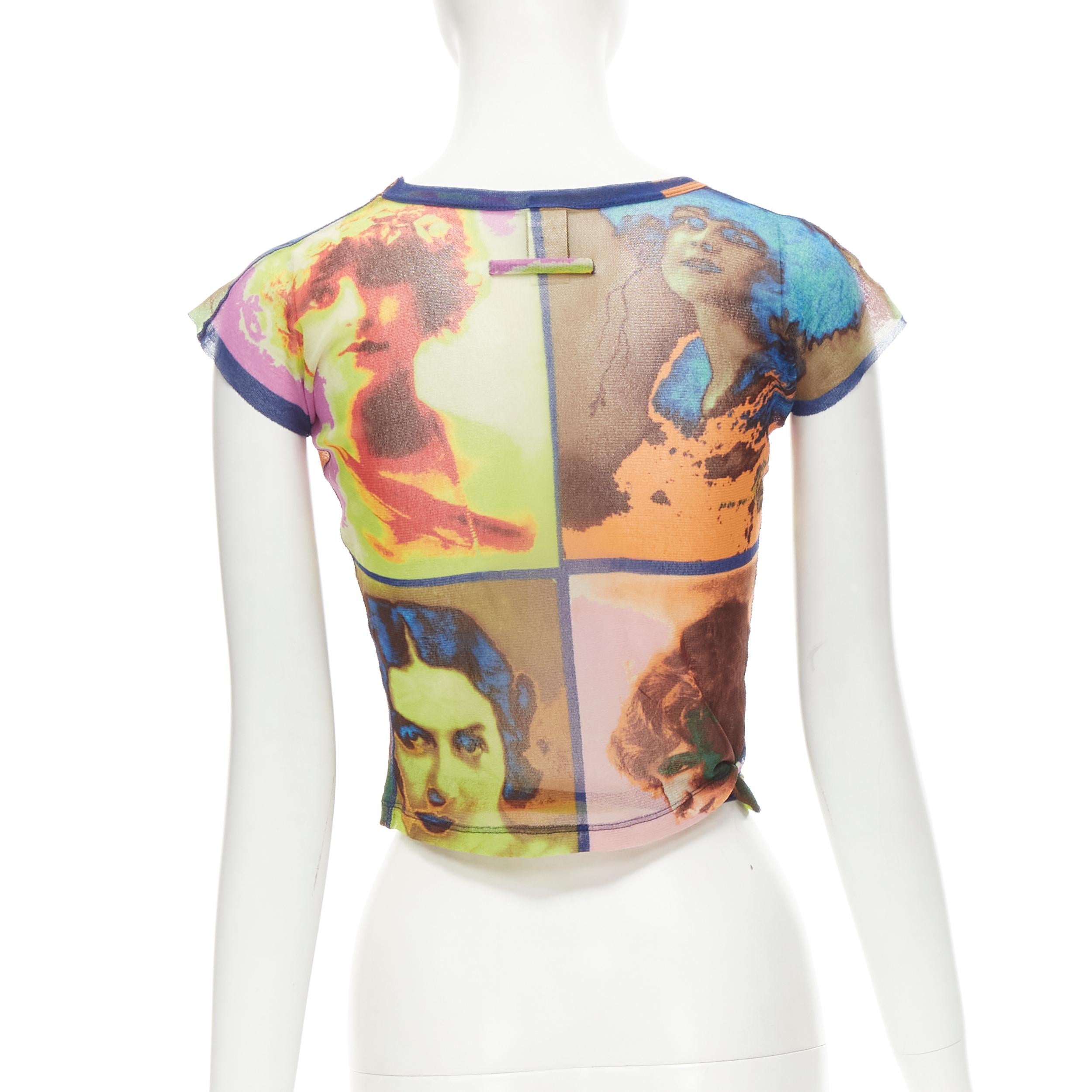 JEAN PAUL GAULTIER Soleil Vintage 2002 Portaits print sheer wrap tie top shirt M In Excellent Condition For Sale In Hong Kong, NT