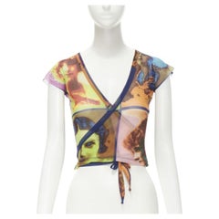 JEAN PAUL GAULTIER Soleil Vintage 2002 Portaits print sheer wrap tie top shirt M