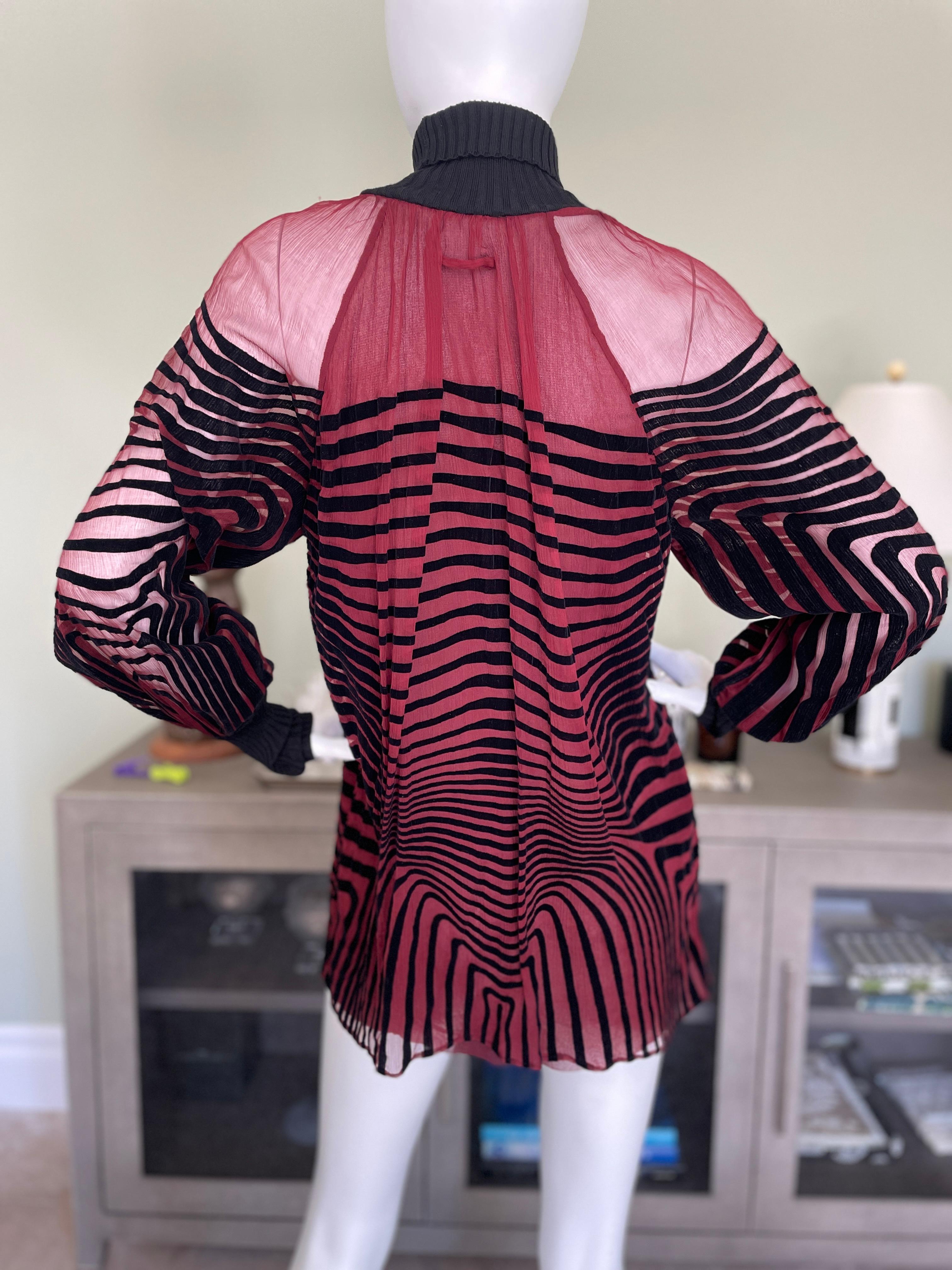 Jean Paul Gaultier Soleil Vintage 90's Op Art Silk Top with Ribbed Wool Trim For Sale 2