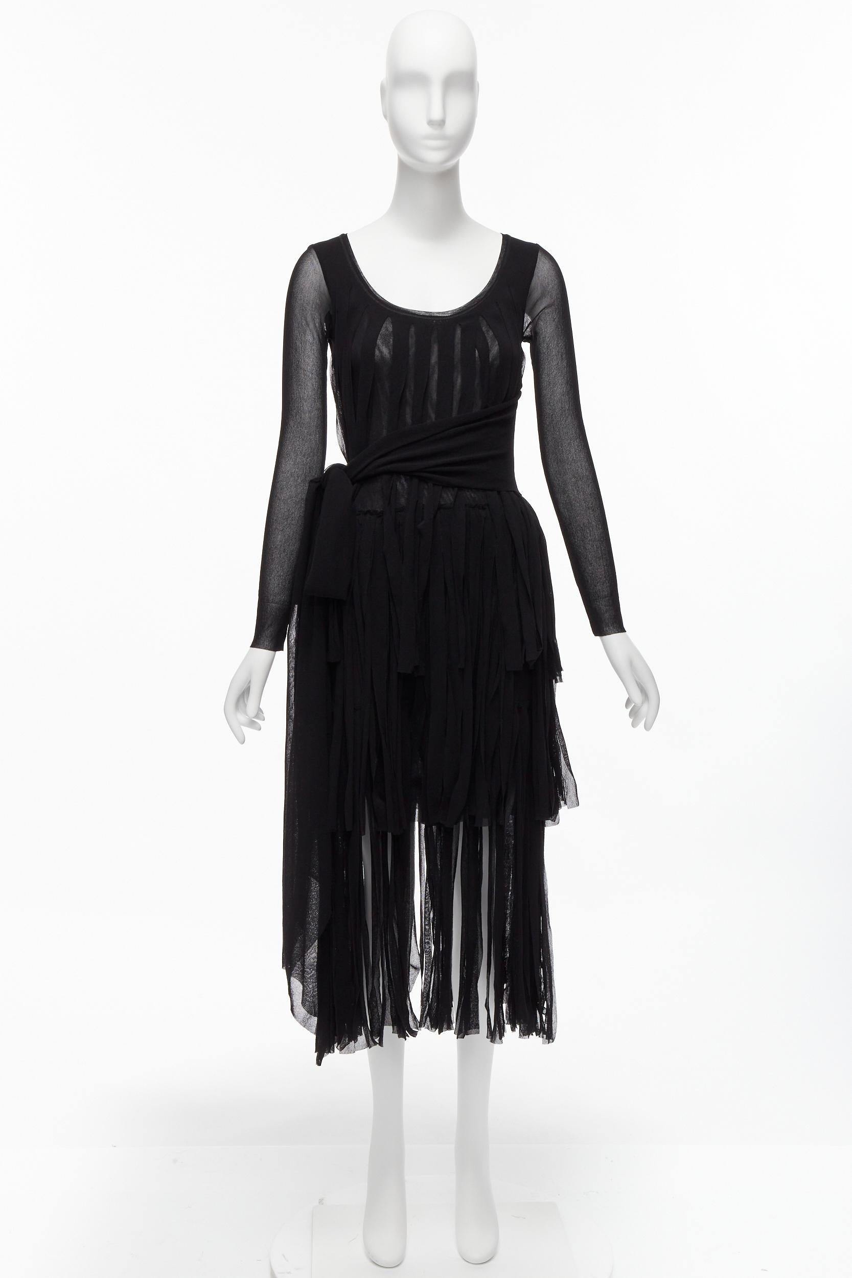 JEAN PAUL GAULTIER SOLEIL Vintage black fringed tulle tie belt flapper dress S 6
