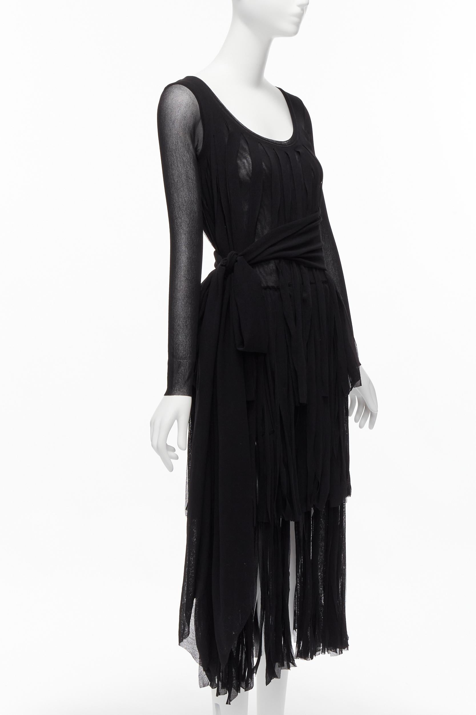 JEAN PAUL GAULTIER SOLEIL Vintage black fringed tulle tie belt flapper dress S In Excellent Condition For Sale In Hong Kong, NT