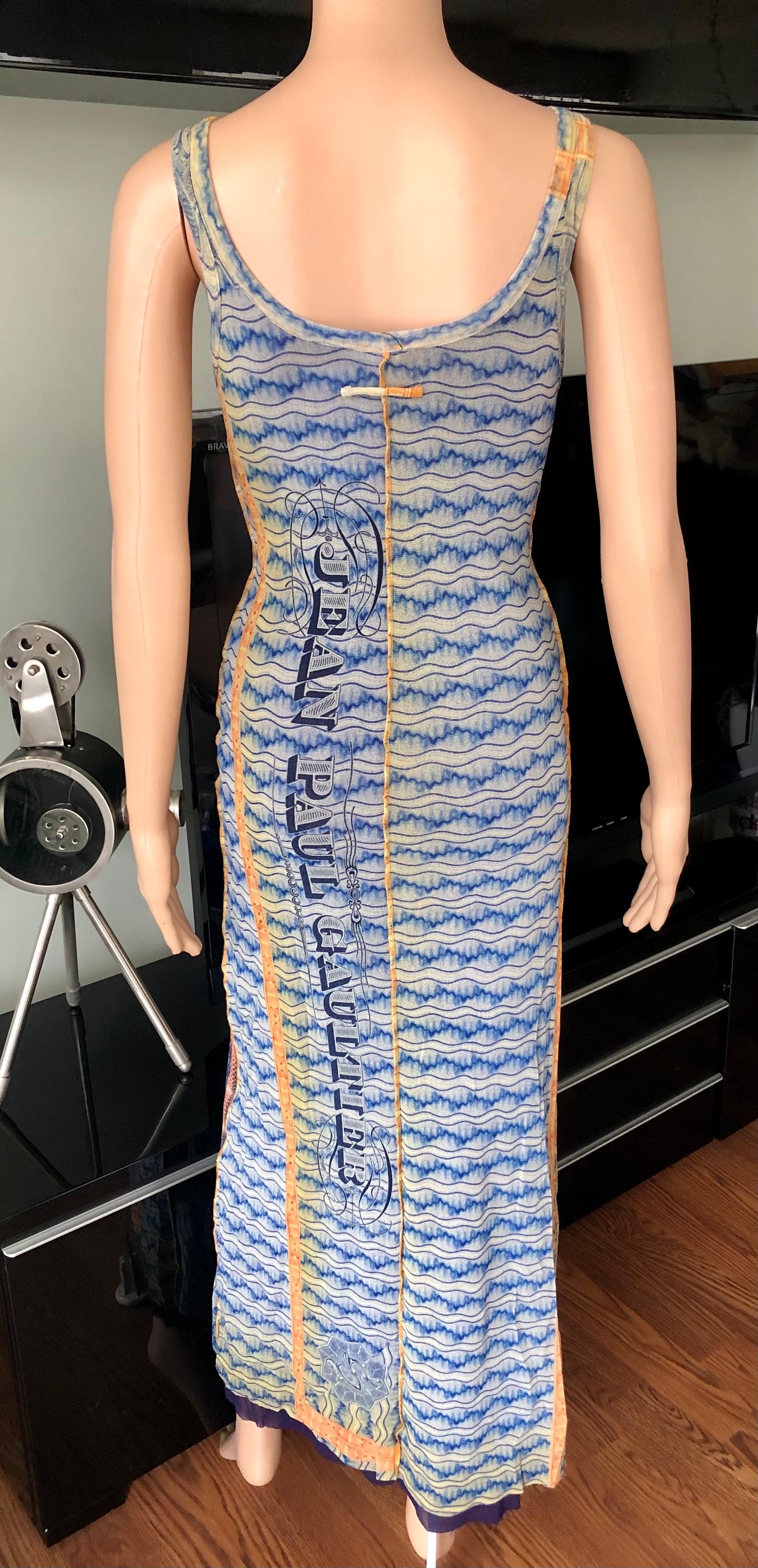 Jean Paul Gaultier Soleil Vintage Bodycon Currency Money Print Mesh Maxi Dress In Good Condition In Naples, FL