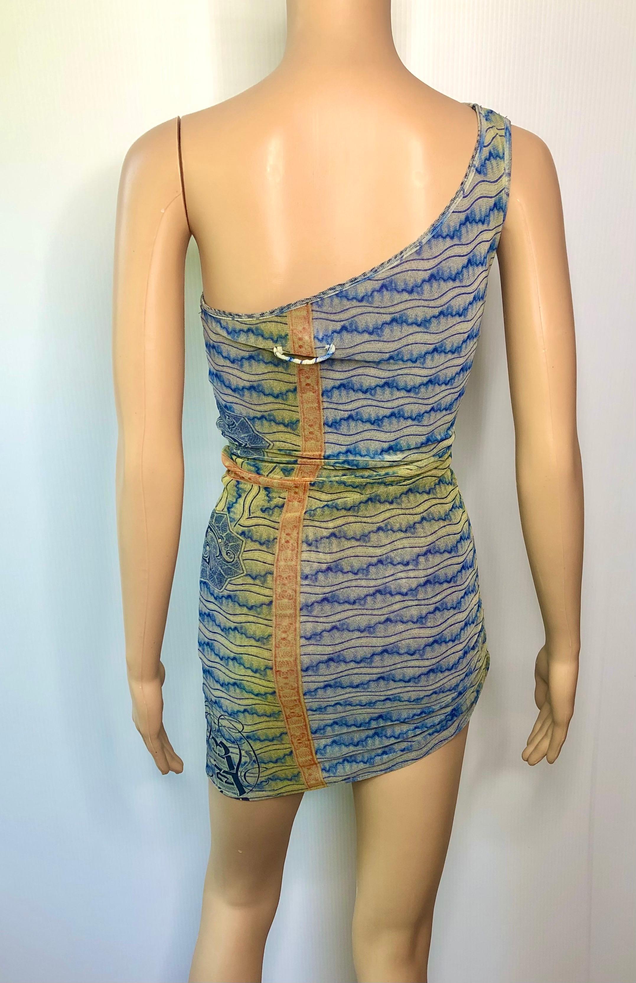 Jean Paul Gaultier Soleil Vintage Bodycon Currency Money Print Mesh Mini Dress In Good Condition In Naples, FL