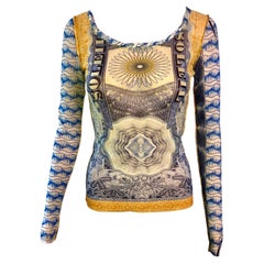Jean Paul Gaultier Soleil Vintage Currency Geld Logo Print Halbdurchsichtiges Mesh Top