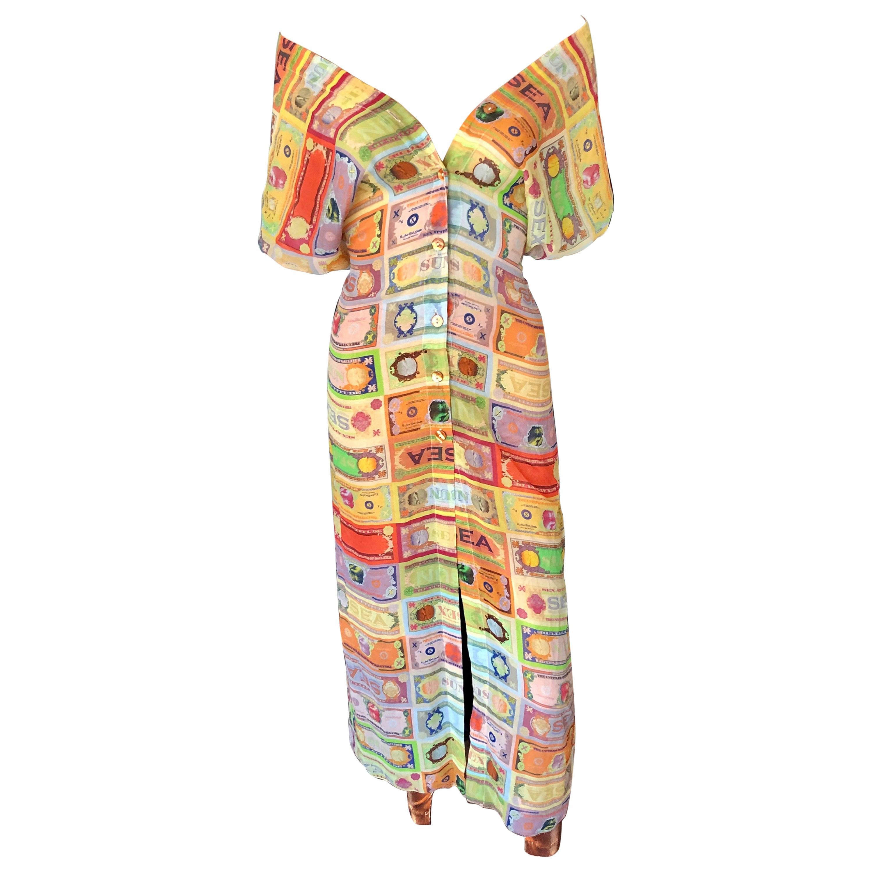 Jean Paul Gaultier Soleil Vintage Currency Money Print Backless Maxi Dress For Sale