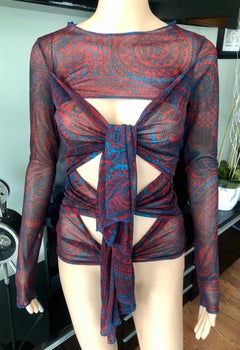 Jean Paul Gaultier Soleil Vintage Cutout Ties Tribal Print Semi-Sheer Mesh Top