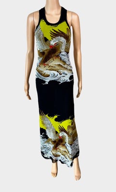 Jean Paul Gaultier Soleil Vintage Eagle Tattoo Print Mesh Bodycon Maxi Dress
