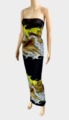 Jean Paul Gaultier Soleil Vintage Eagle Tattoo Print Mesh Bodycon Maxi Dress