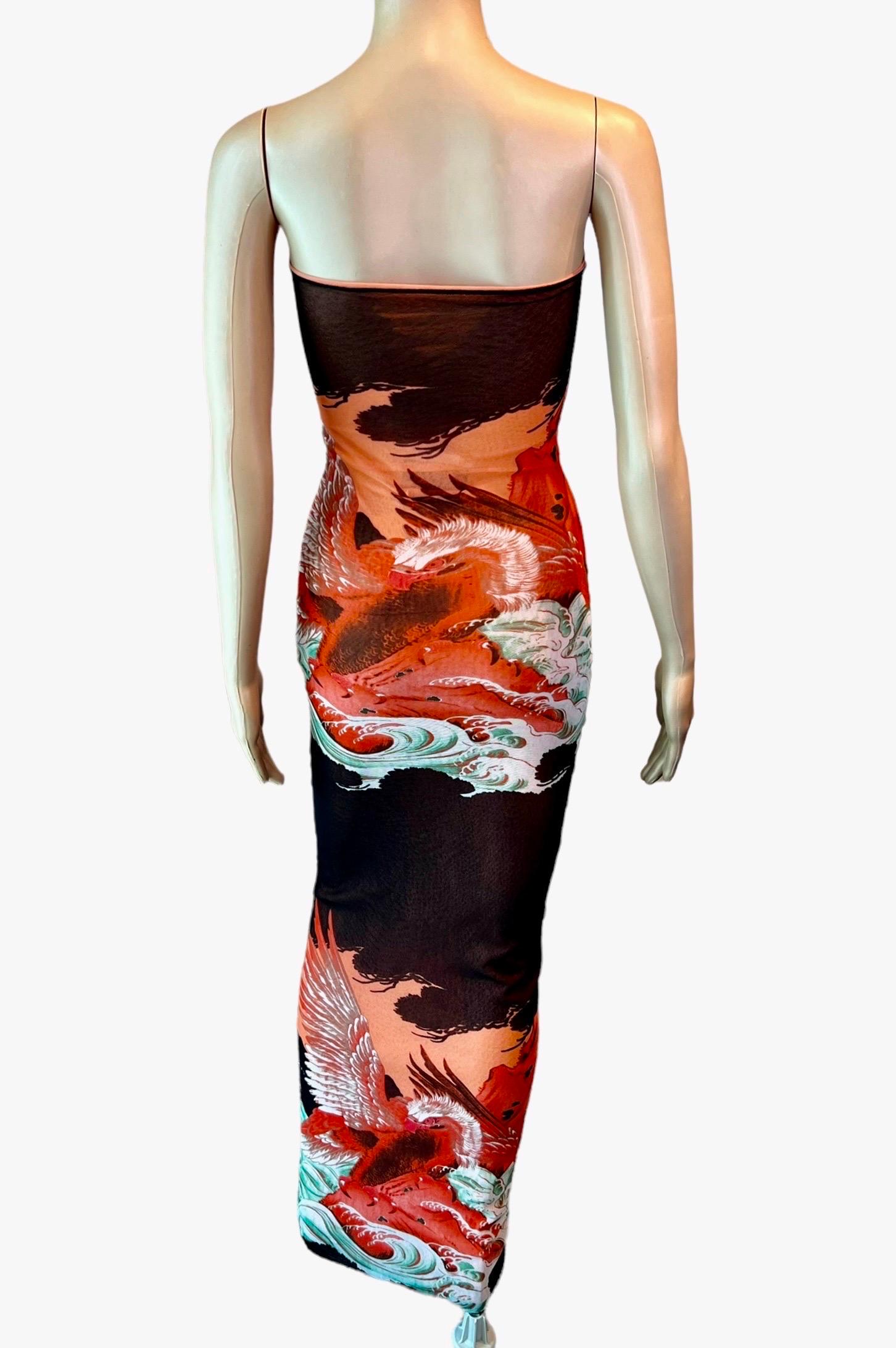 Jean Paul Gaultier Soleil Vintage Eagle Tattoo Print Mesh Bodycon Maxi Dress In Good Condition In Naples, FL