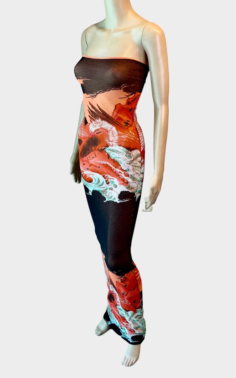 Jean Paul Gaultier Soleil Vintage Eagle Tattoo Print Mesh Bodycon Maxi Dress  at 1stDibs