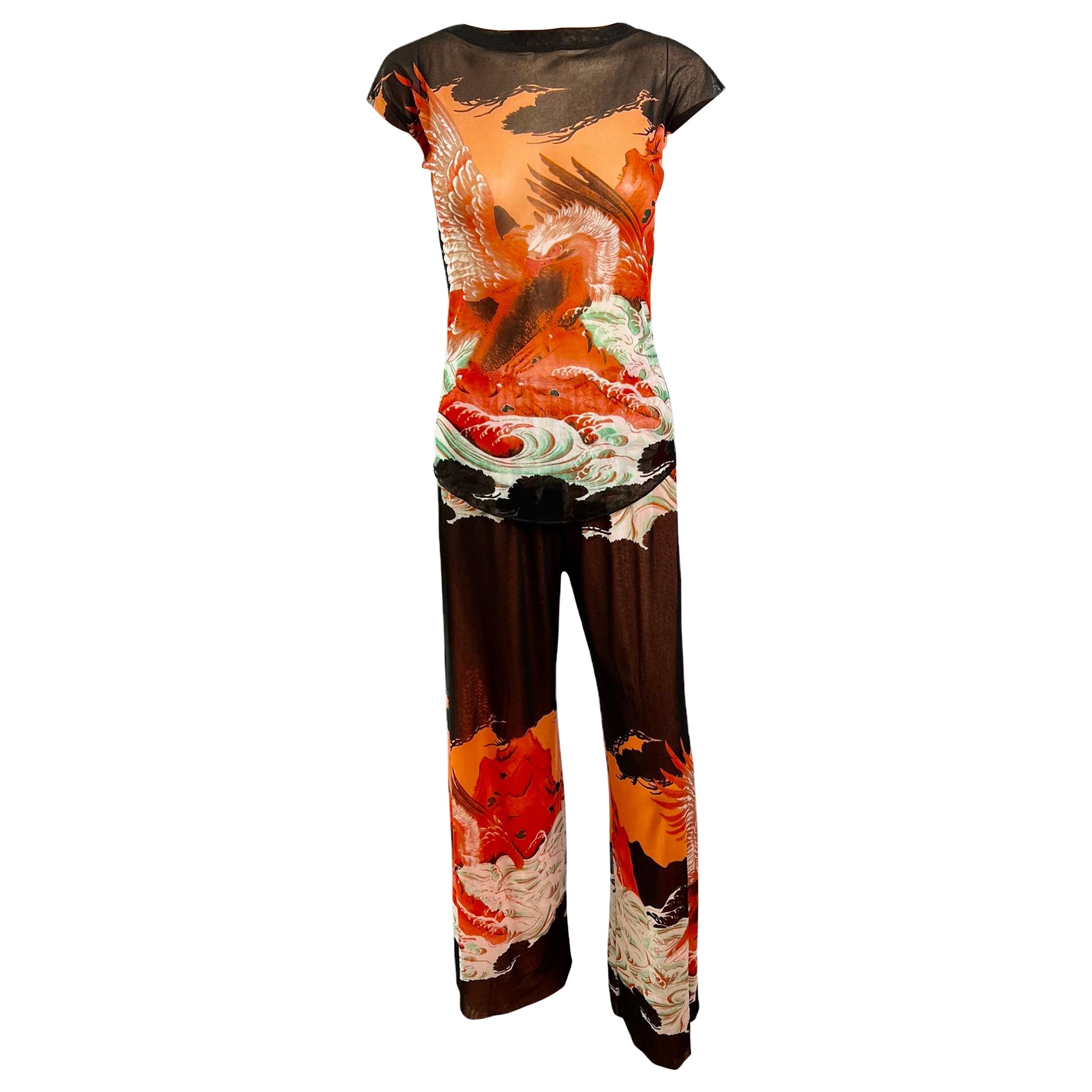 Jean Paul Gaultier Soleil Vintage Eagle Tattoo Print Top & Pants 2 Piece Set