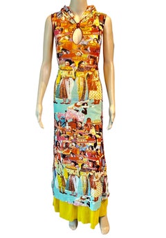 Jean Paul Gaultier Soleil Vintage Faces People Print Hooded Mesh Maxi Dress