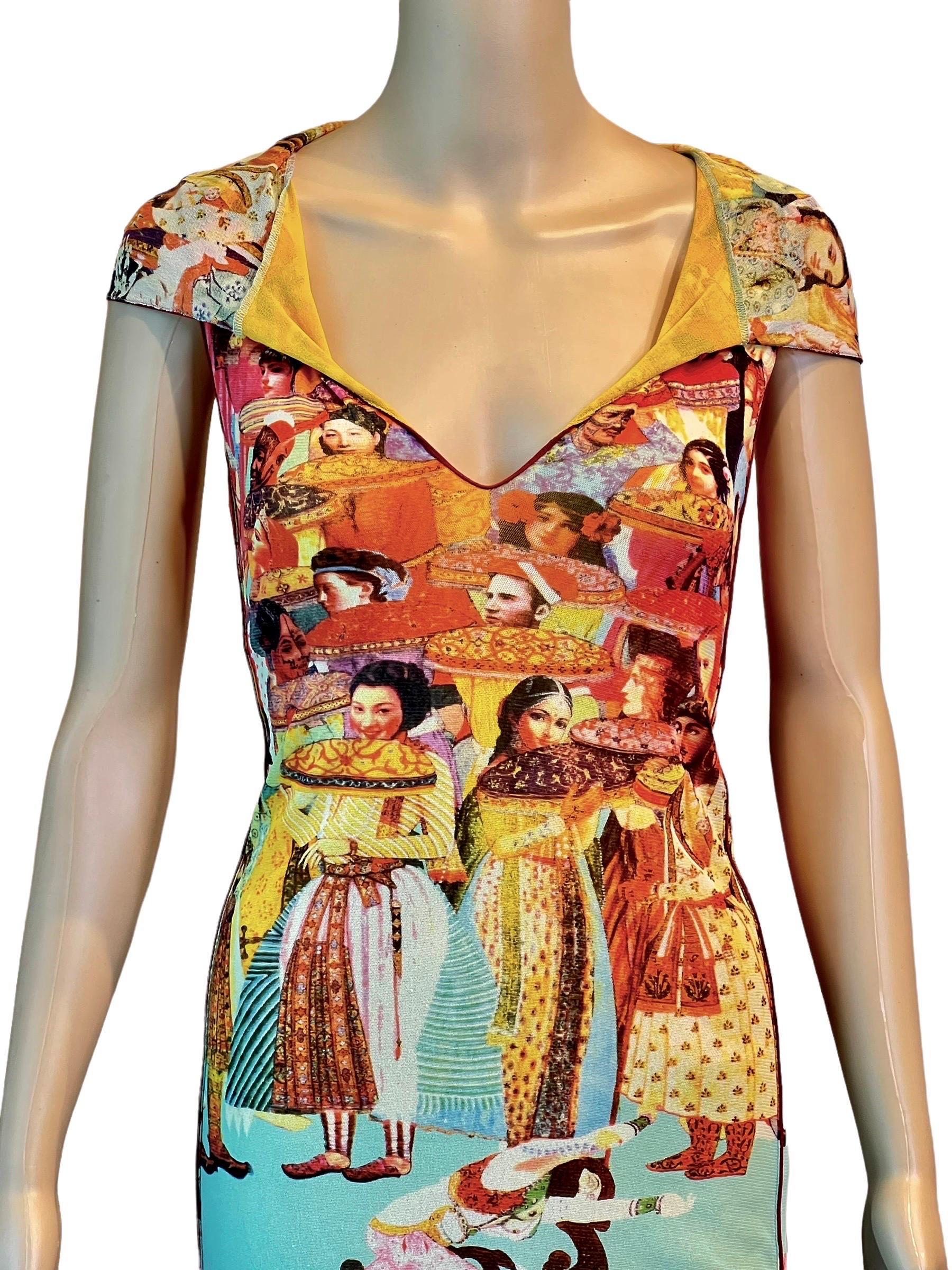Beige Jean Paul Gaultier Soleil Vintage Faces People Print Hooded Mesh Maxi Dress For Sale
