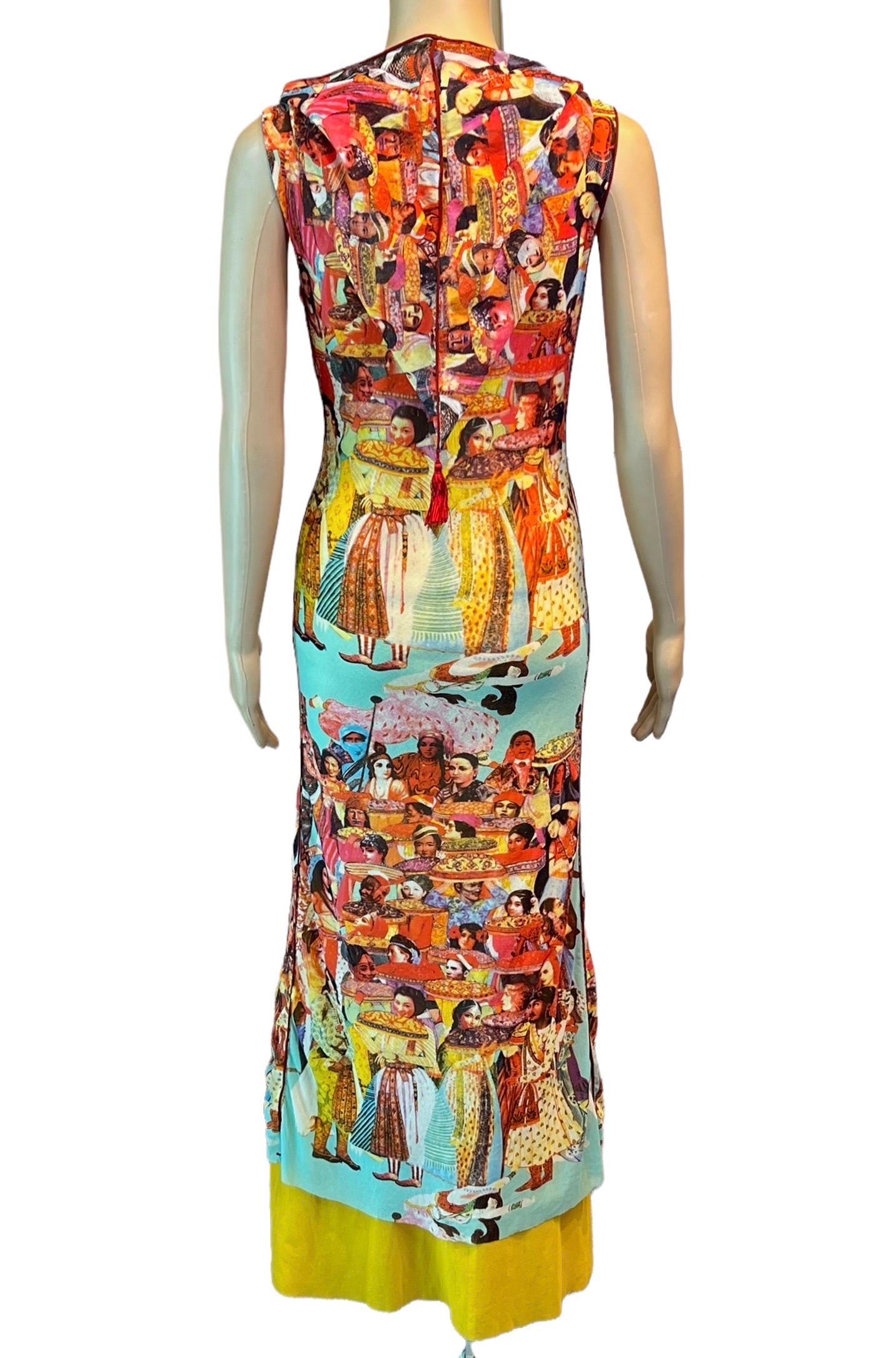 Jean Paul Gaultier Soleil Vintage Faces People Print Hooded Mesh Maxi Dress In Good Condition For Sale In Naples, FL