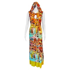 Jean Paul Gaultier - Robe longue à capuche en maille à imprimé visages, vintage, soleil