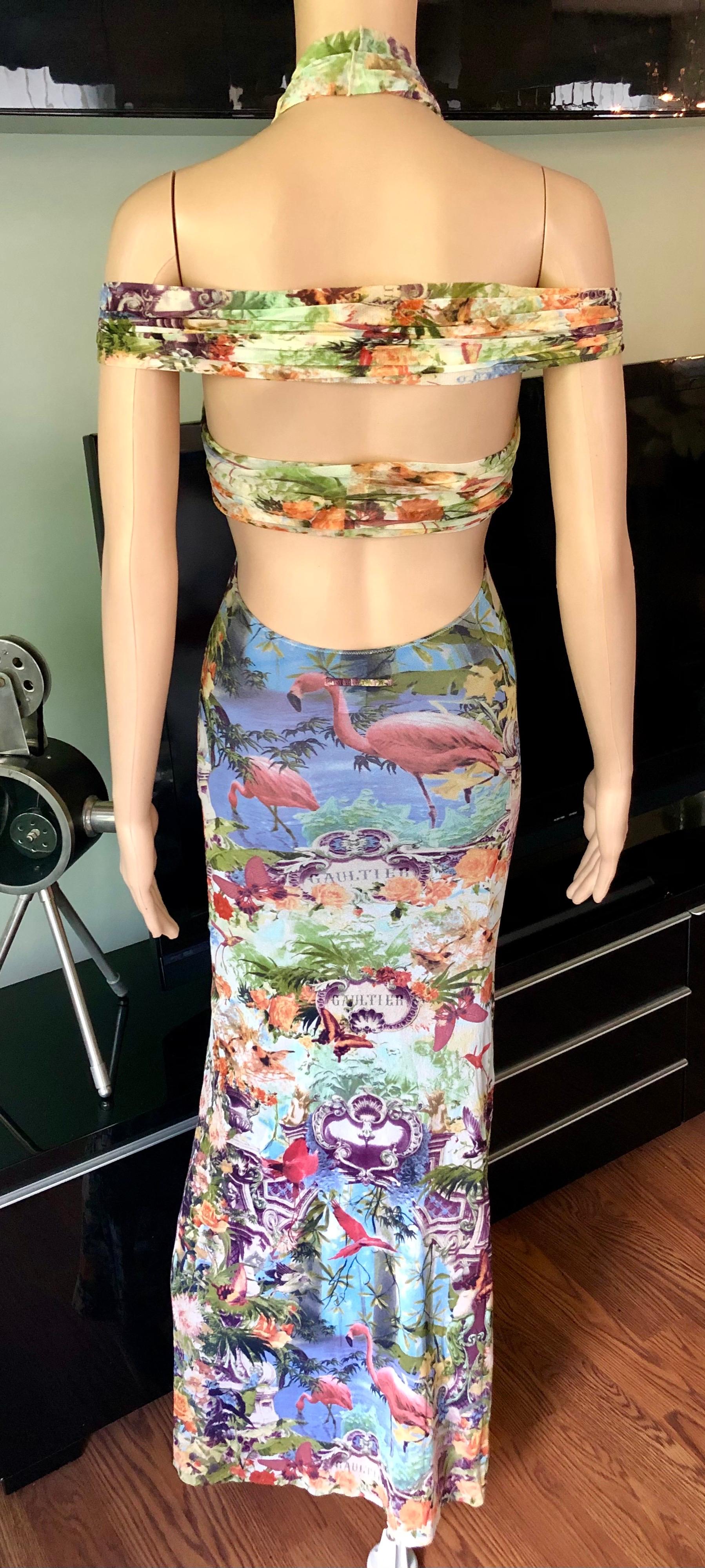Jean Paul Gaultier Soleil F/S 1999 Flamingo Maxikleid aus Mesh mit tropischem Druck und Ausschnitt im Angebot 6