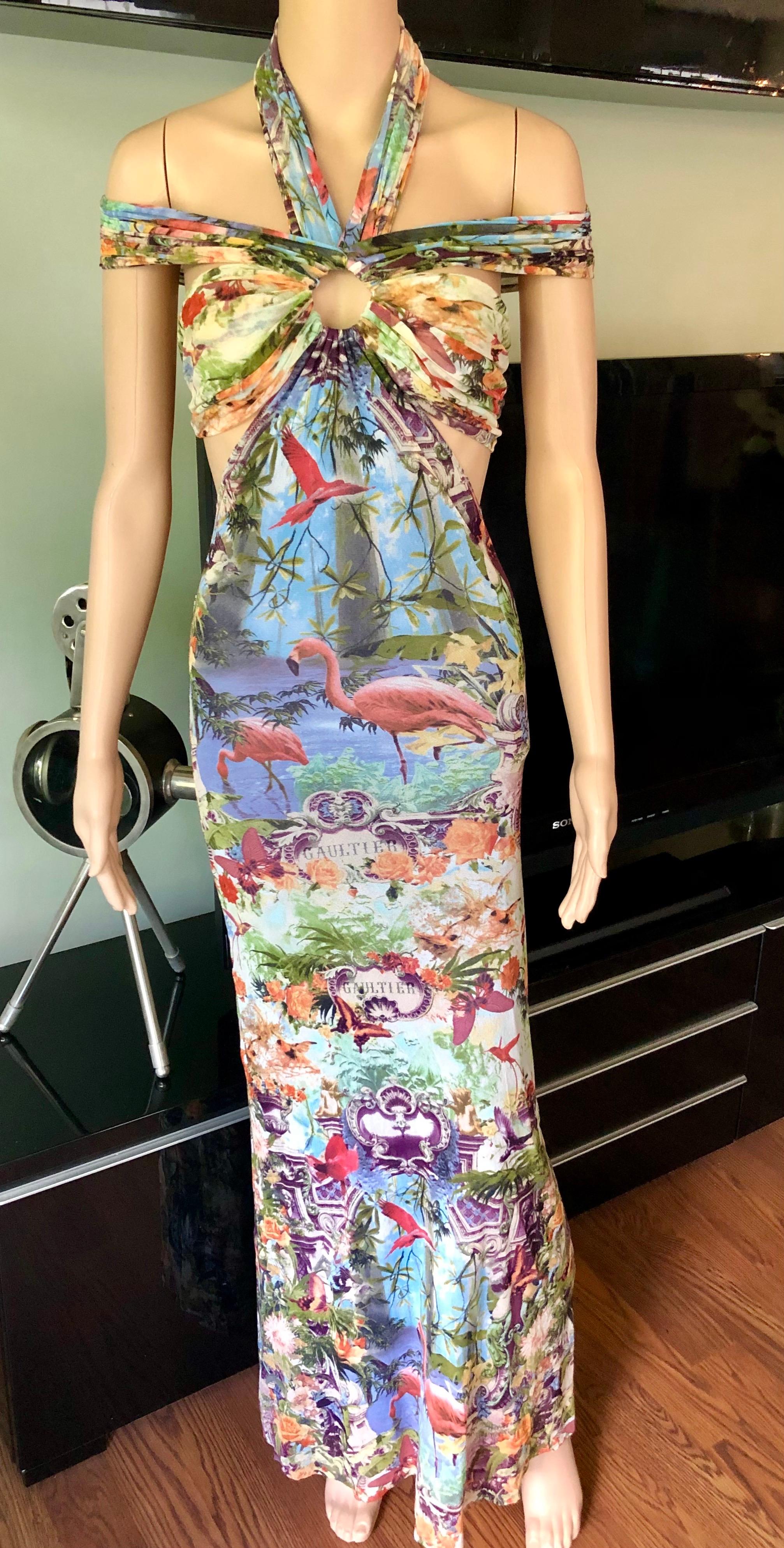 Gray Jean Paul Gaultier Soleil S/S1999 Flamingo Tropical Print Cutout Mesh Maxi Dress For Sale