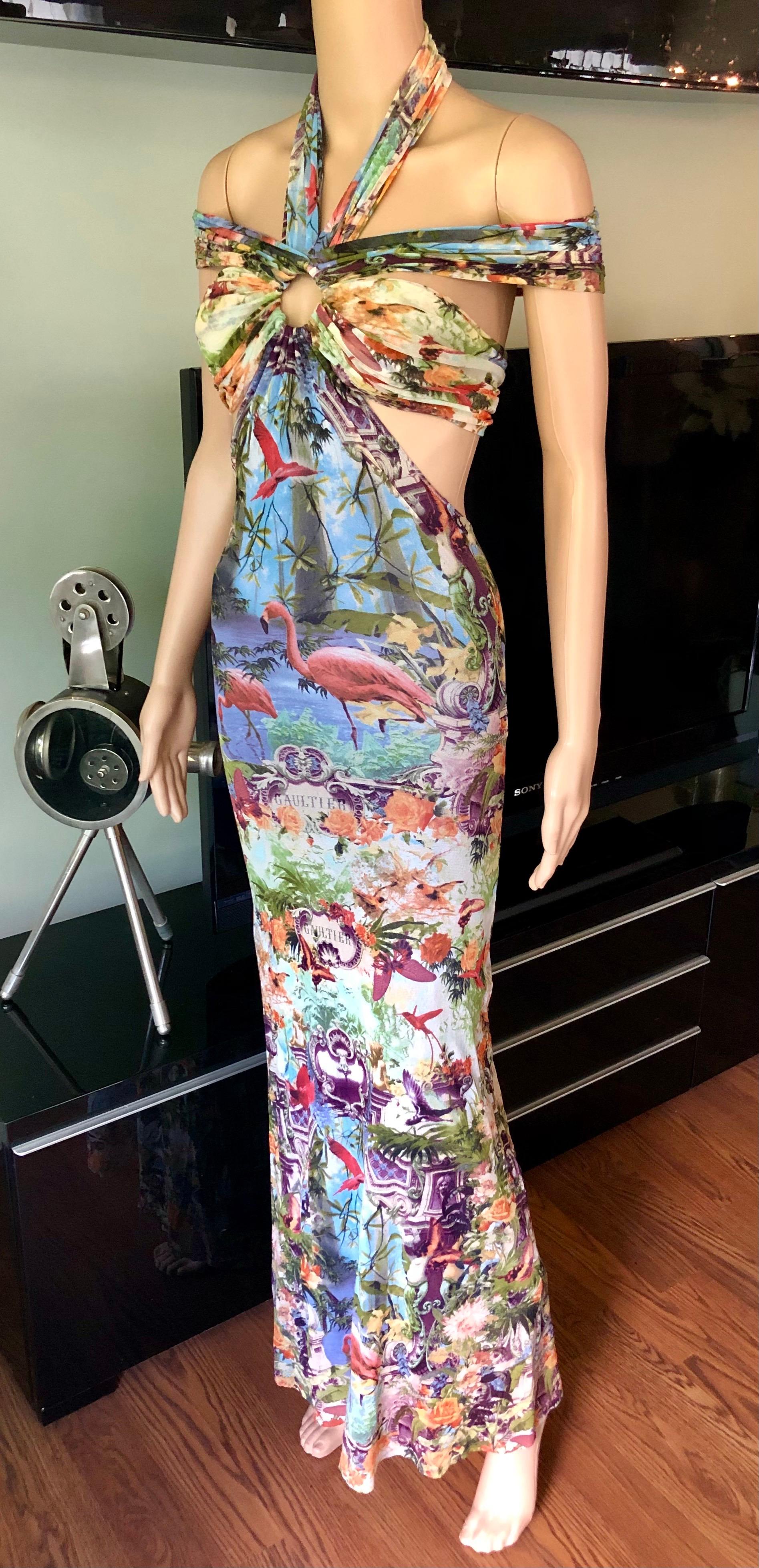 Jean Paul Gaultier Soleil S/S1999 Flamingo Tropical Print Cutout Mesh Maxi Dress In Excellent Condition For Sale In Naples, FL
