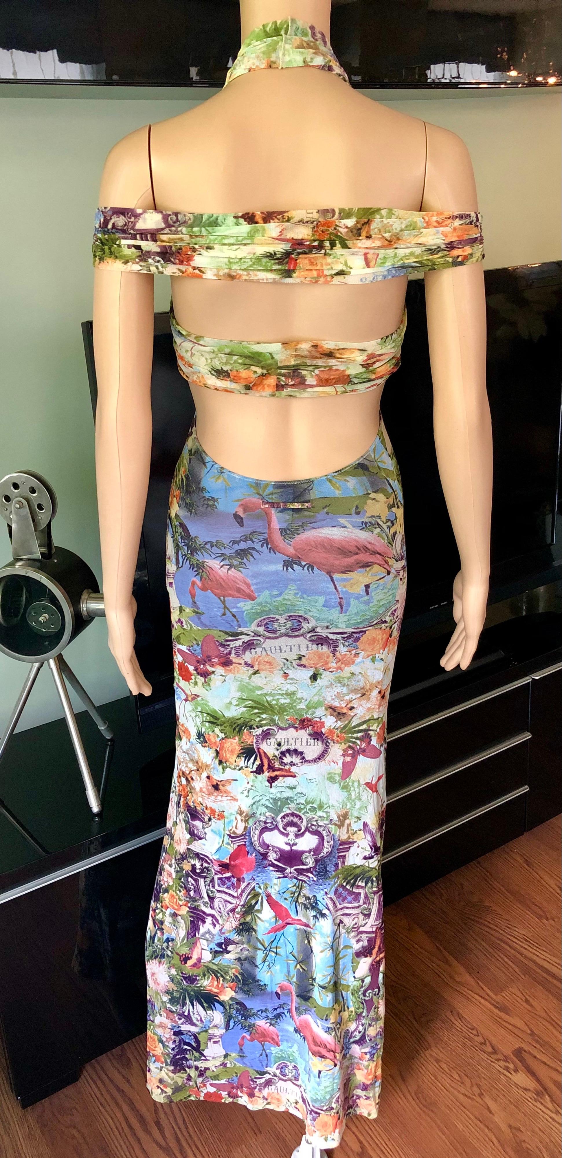 Jean Paul Gaultier Soleil F/S 1999 Flamingo Maxikleid aus Mesh mit tropischem Druck und Ausschnitt im Angebot 3