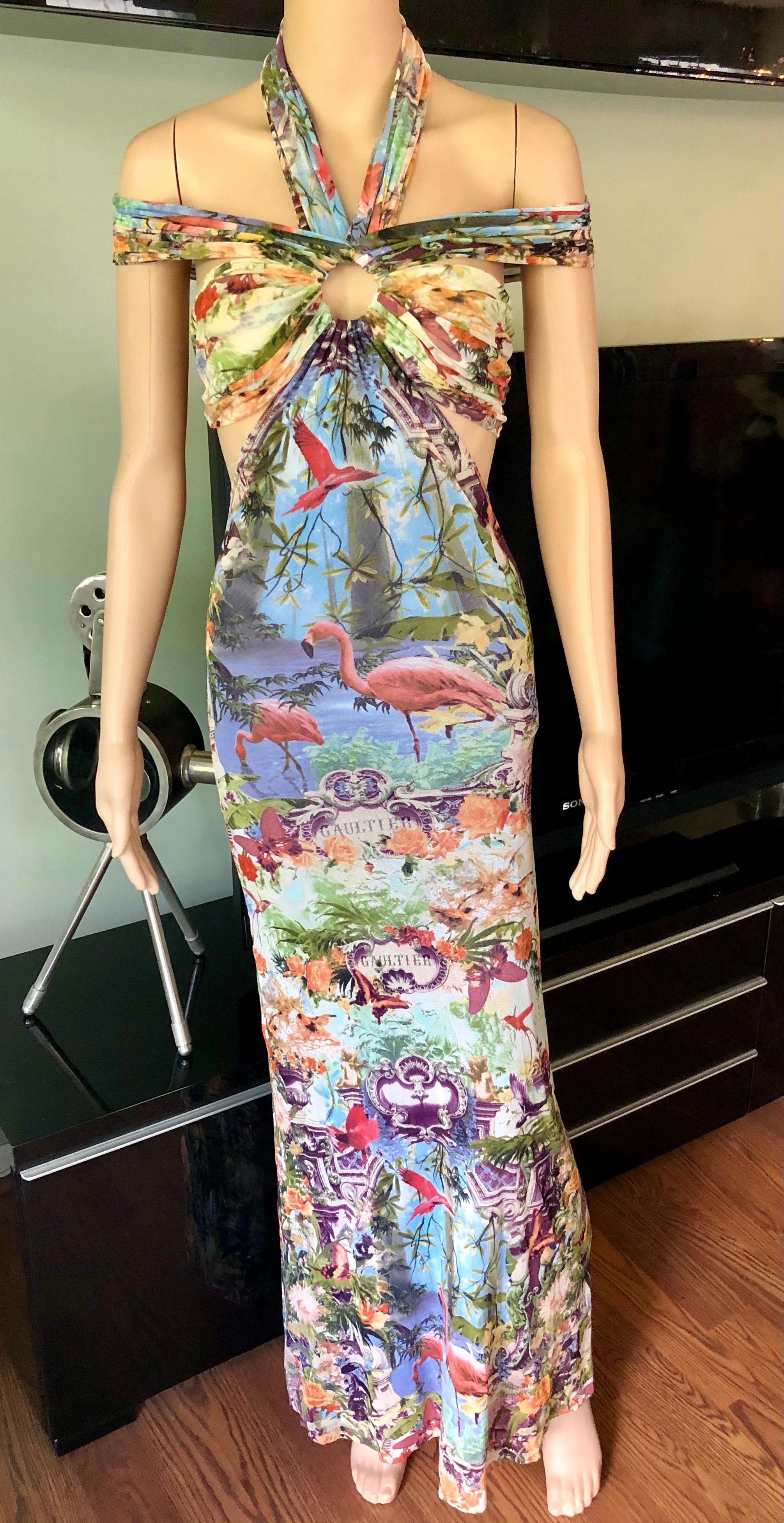 Jean Paul Gaultier Soleil S/S1999 Flamingo Tropical Print Cutout Mesh Maxi Dress For Sale 1