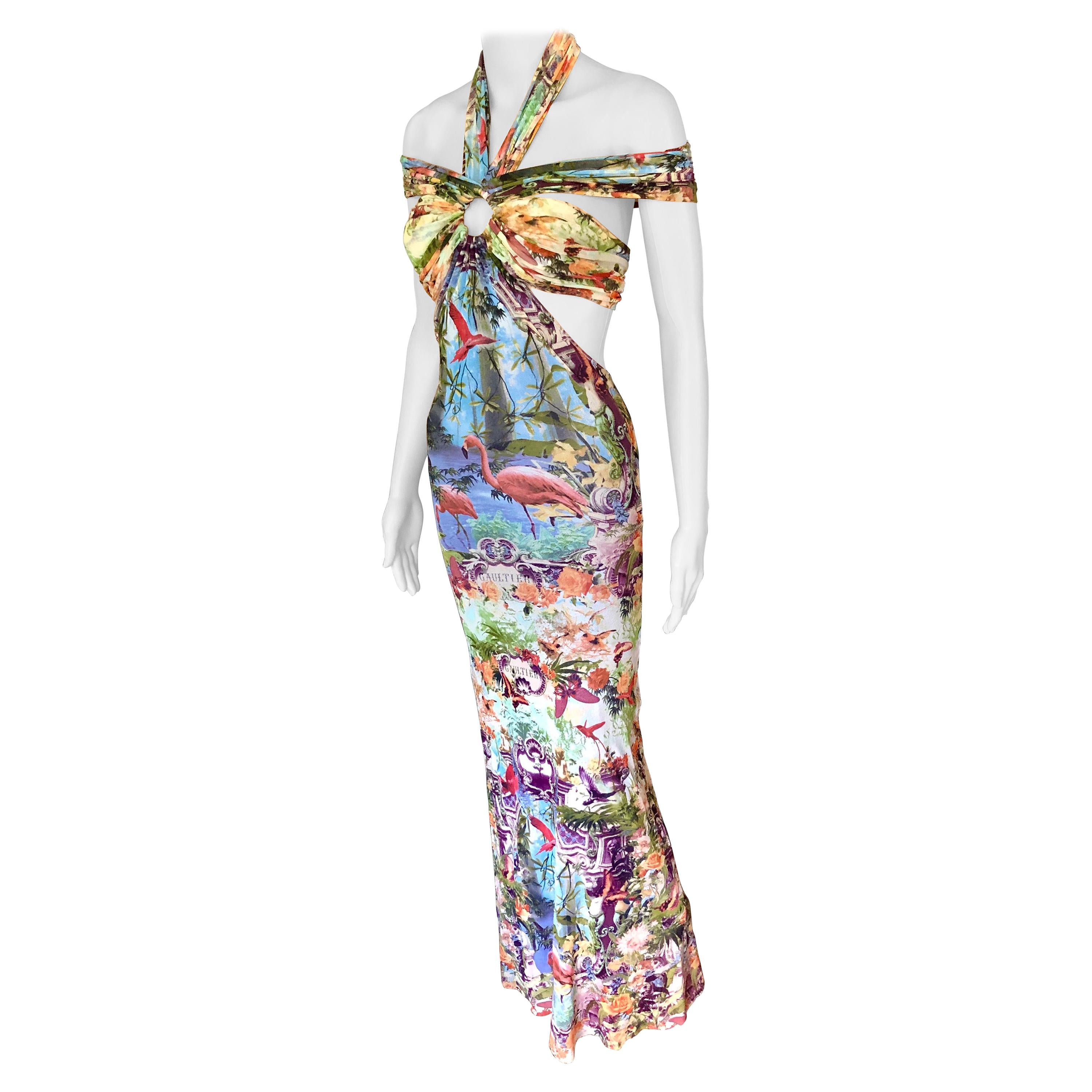 Jean Paul Gaultier Soleil S/S1999 Flamingo Tropical Print Cutout Mesh Maxi  Dress