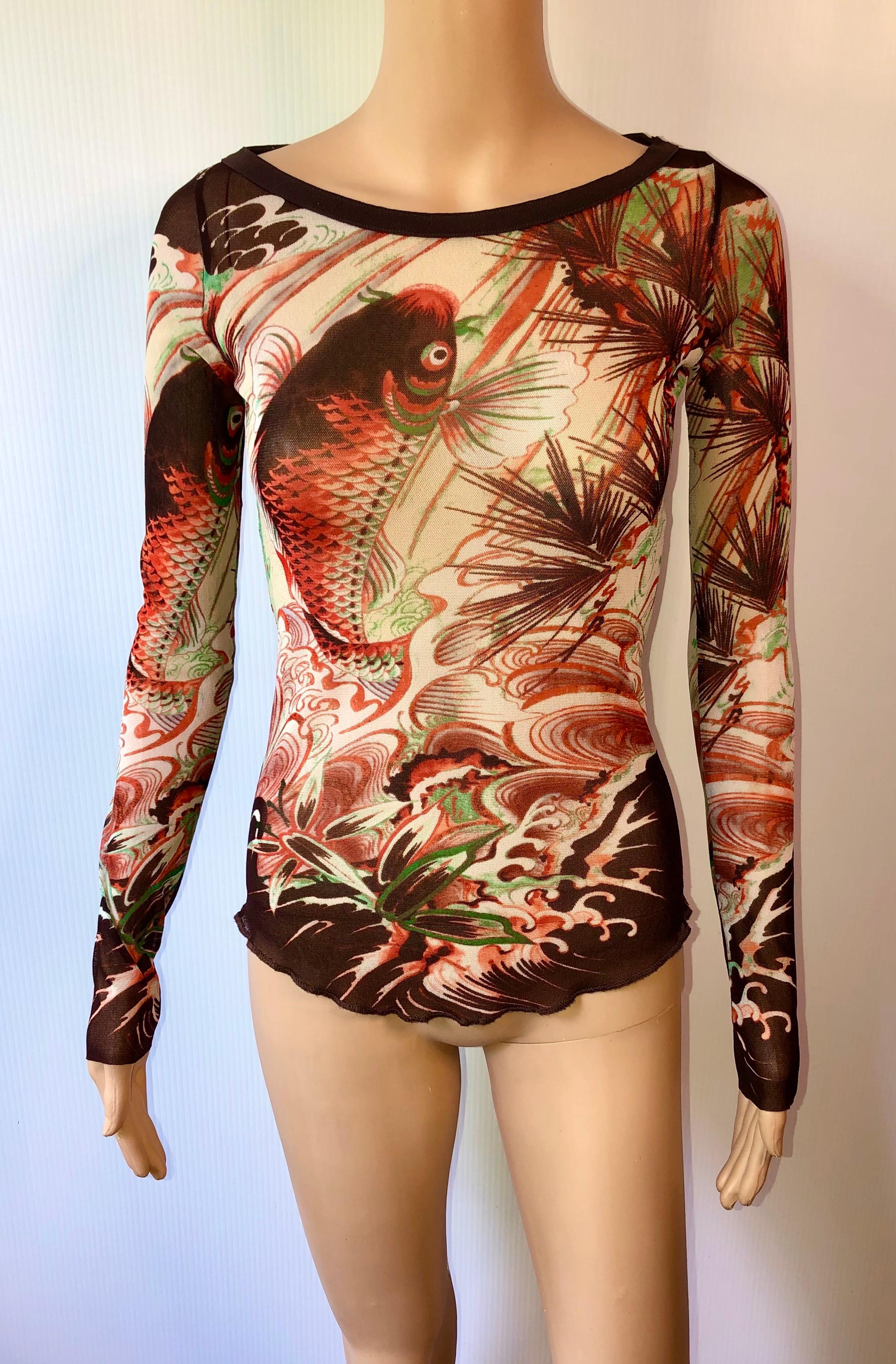 Jean Paul Gaultier Soleil Vintage Japanese Koi Fish Tattoo Print Sheer Mesh Top Size M



