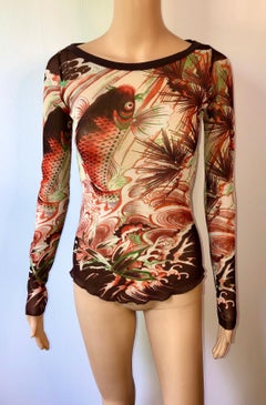 Jean Paul Gaultier Soleil Vintage Japanese Koi Fish Tattoo Print Sheer Mesh Top