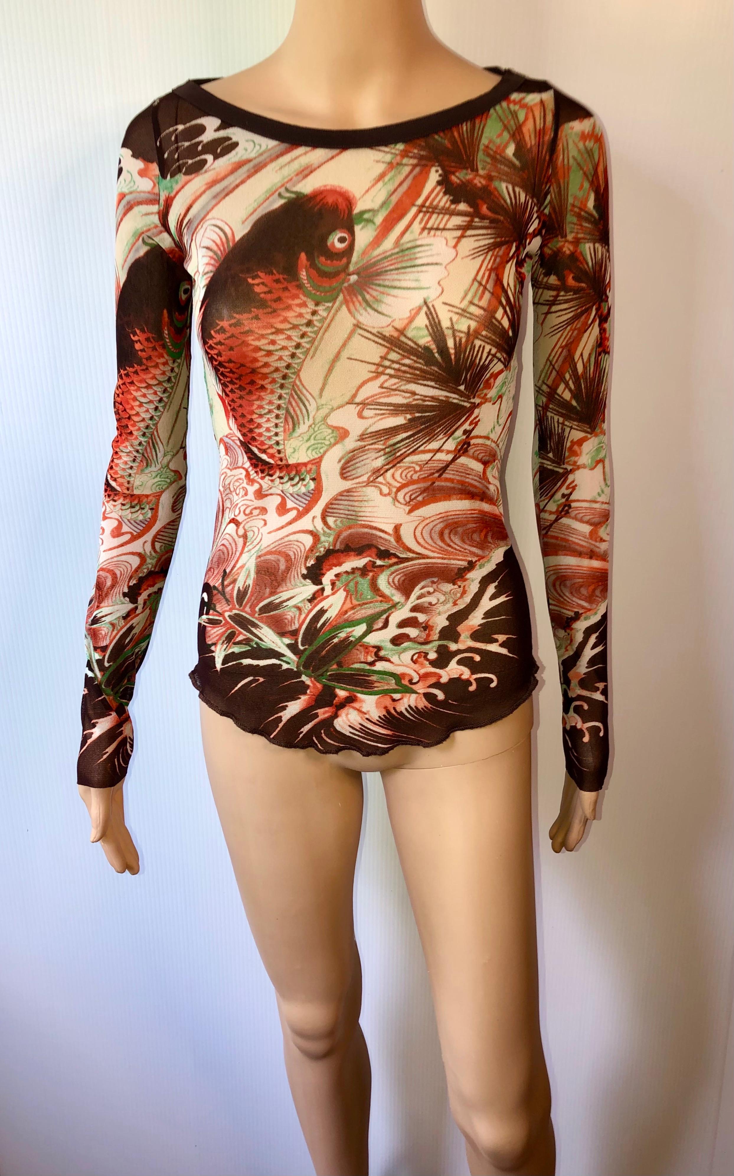 Jean Paul Gaultier Soleil Vintage Japanischer Koi Fisch Tattoo Druck Durchsichtiges Mesh Top (Braun)