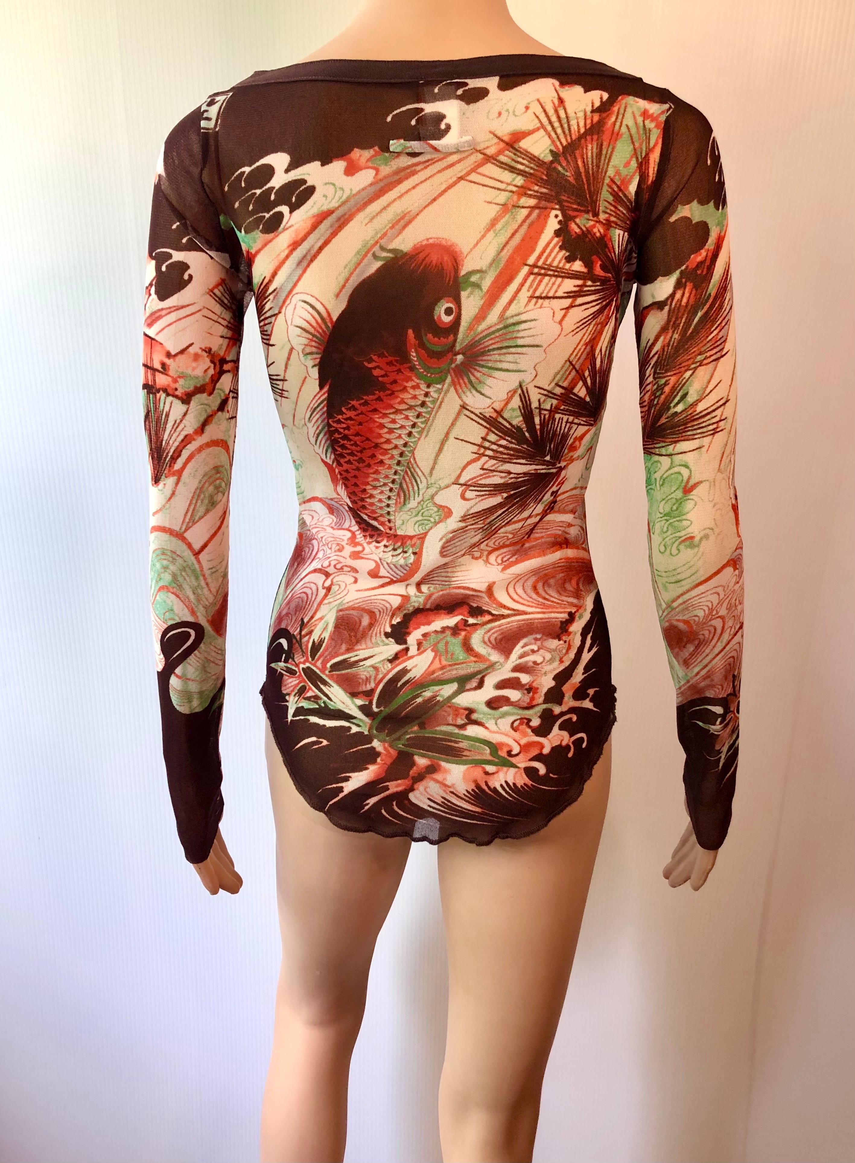 Jean Paul Gaultier Soleil Vintage Japanischer Koi Fisch Tattoo Druck Durchsichtiges Mesh Top im Zustand „Gut“ in Naples, FL