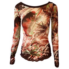 Jean Paul Gaultier Soleil Vintage Japanischer Koi Fisch Tattoo Druck Durchsichtiges Mesh Top