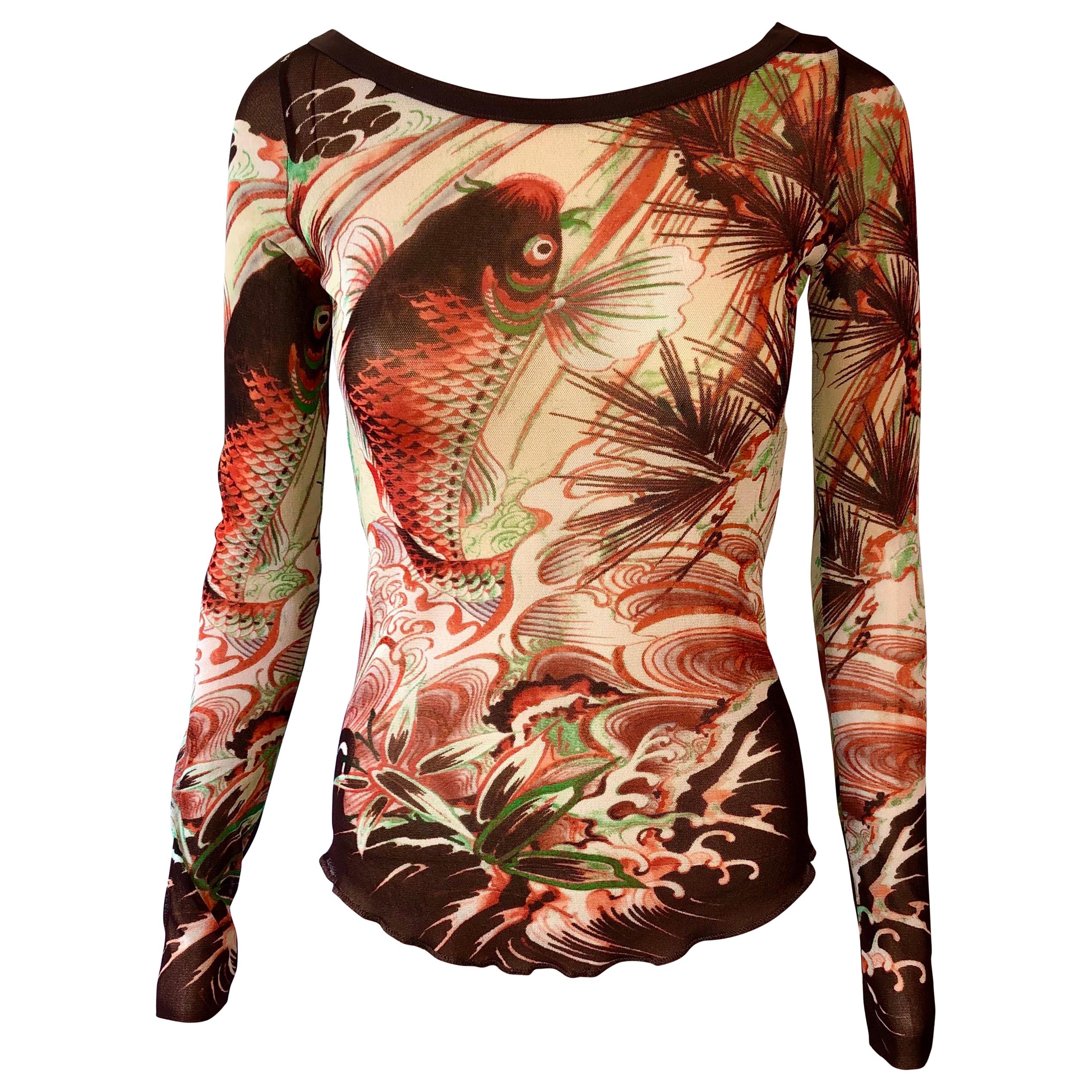 Jean Paul Gaultier Soleil Vintage Japanese Koi Fish Tattoo Print Sheer Mesh Top