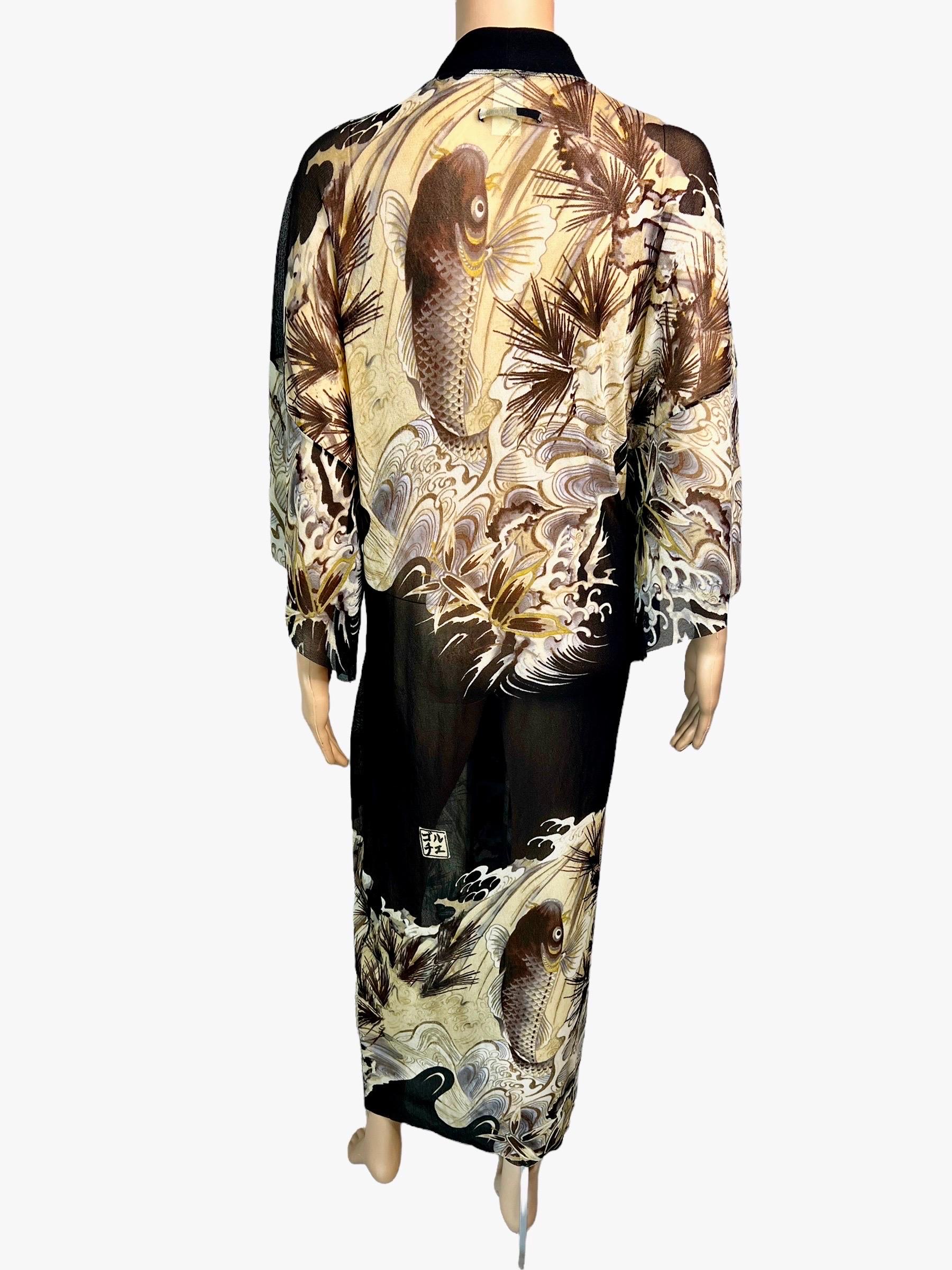 Jean Paul Gaultier Soleil Vintage Japanese Koi Fish Tattoo Print Sheer Mesh Maxi Dress Kimono Size M


