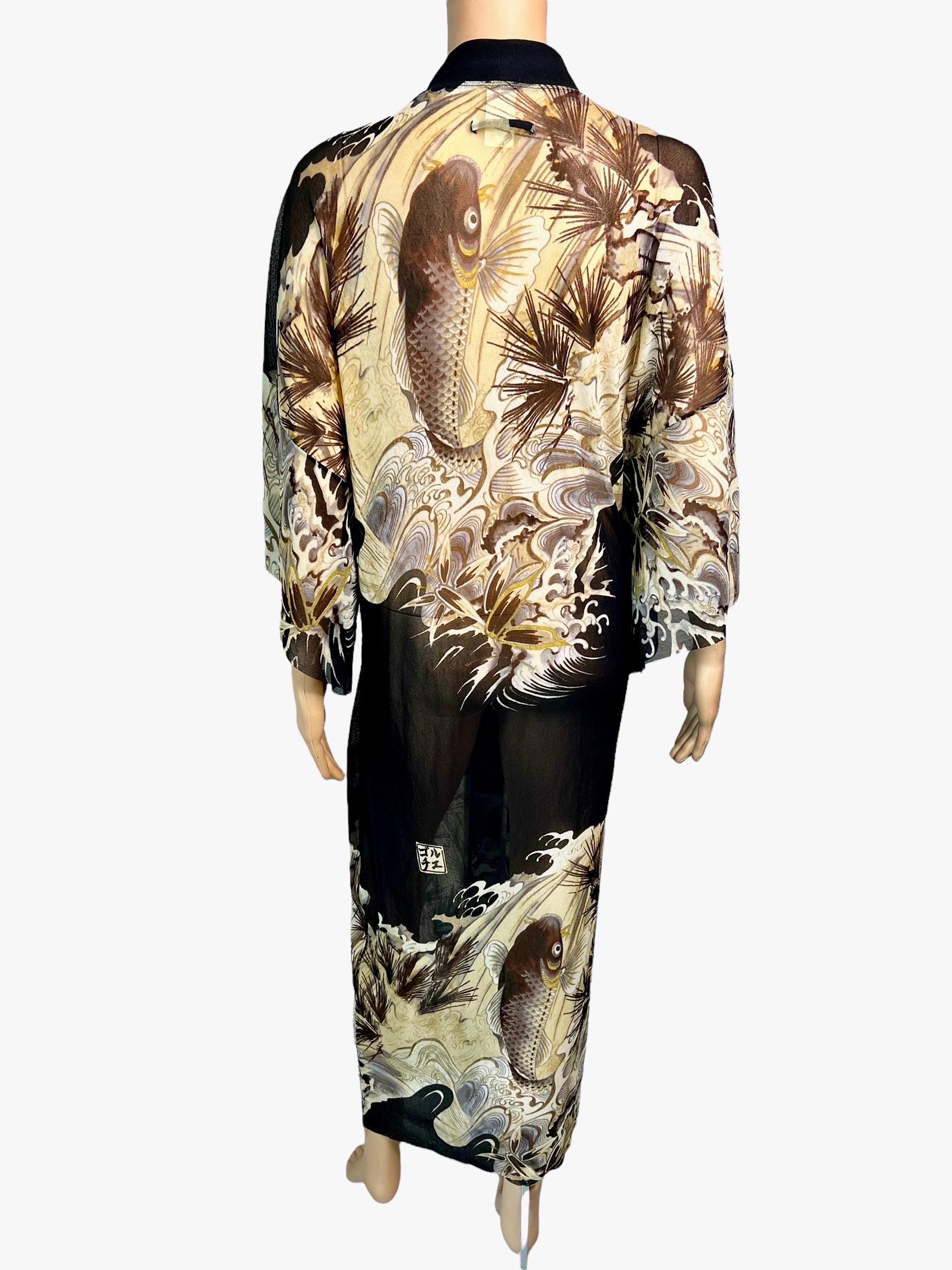 Noir Jean Paul Gaultier Soleil - Robe longue kimono vintage en maille avec imprimé tatouage de poissons koï en vente