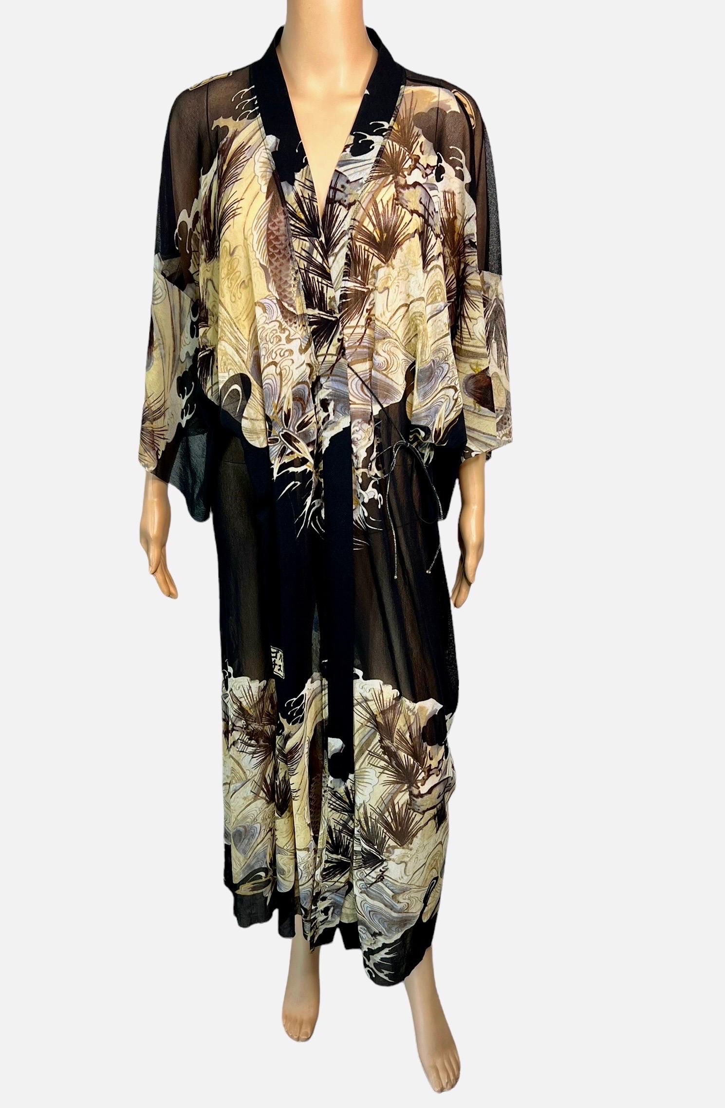 Black Jean Paul Gaultier Soleil Vintage Koi Fish Tattoo Print Mesh Maxi Dress Kimono For Sale