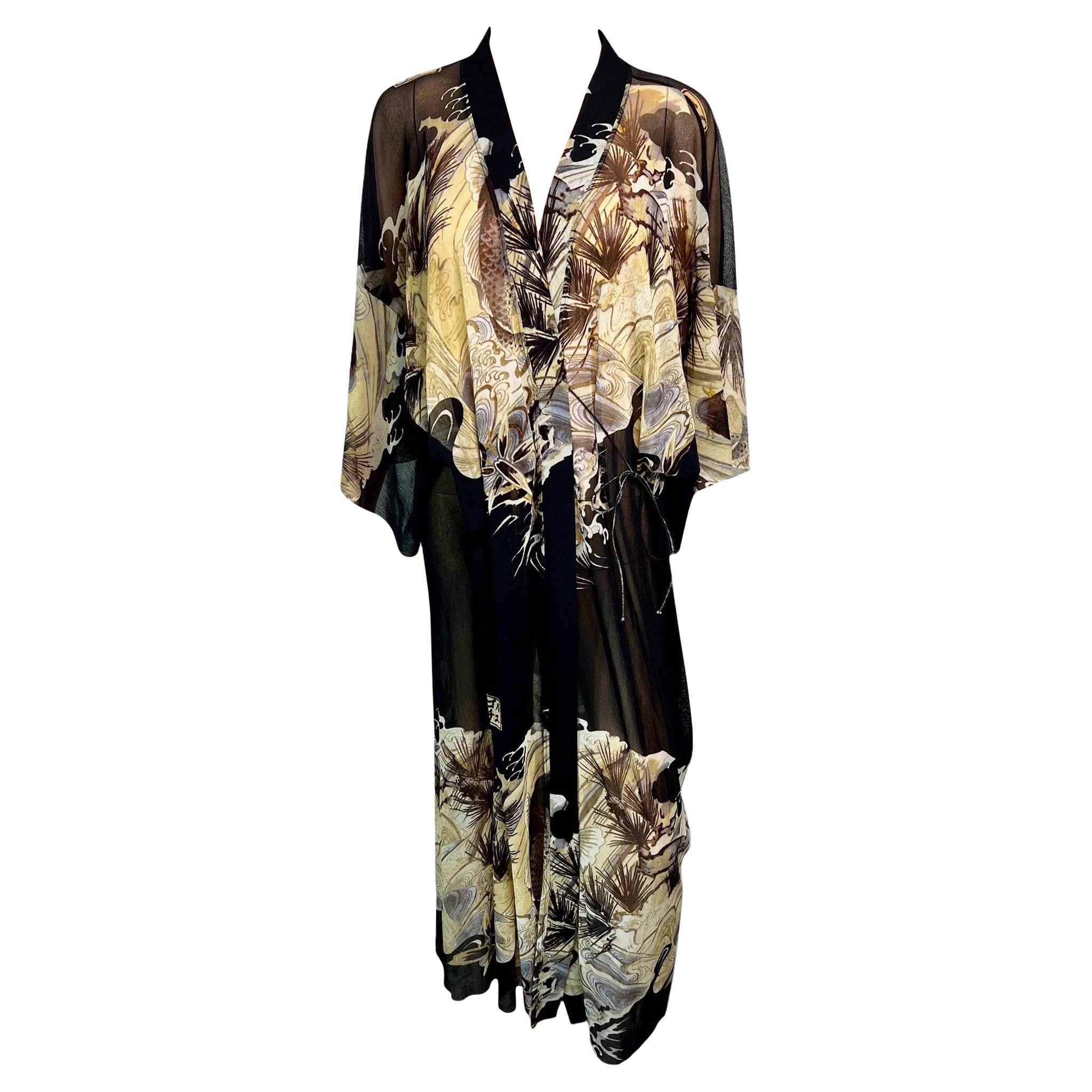 Jean Paul Gaultier Soleil - Robe longue kimono vintage en maille avec imprimé tatouage de poissons koï