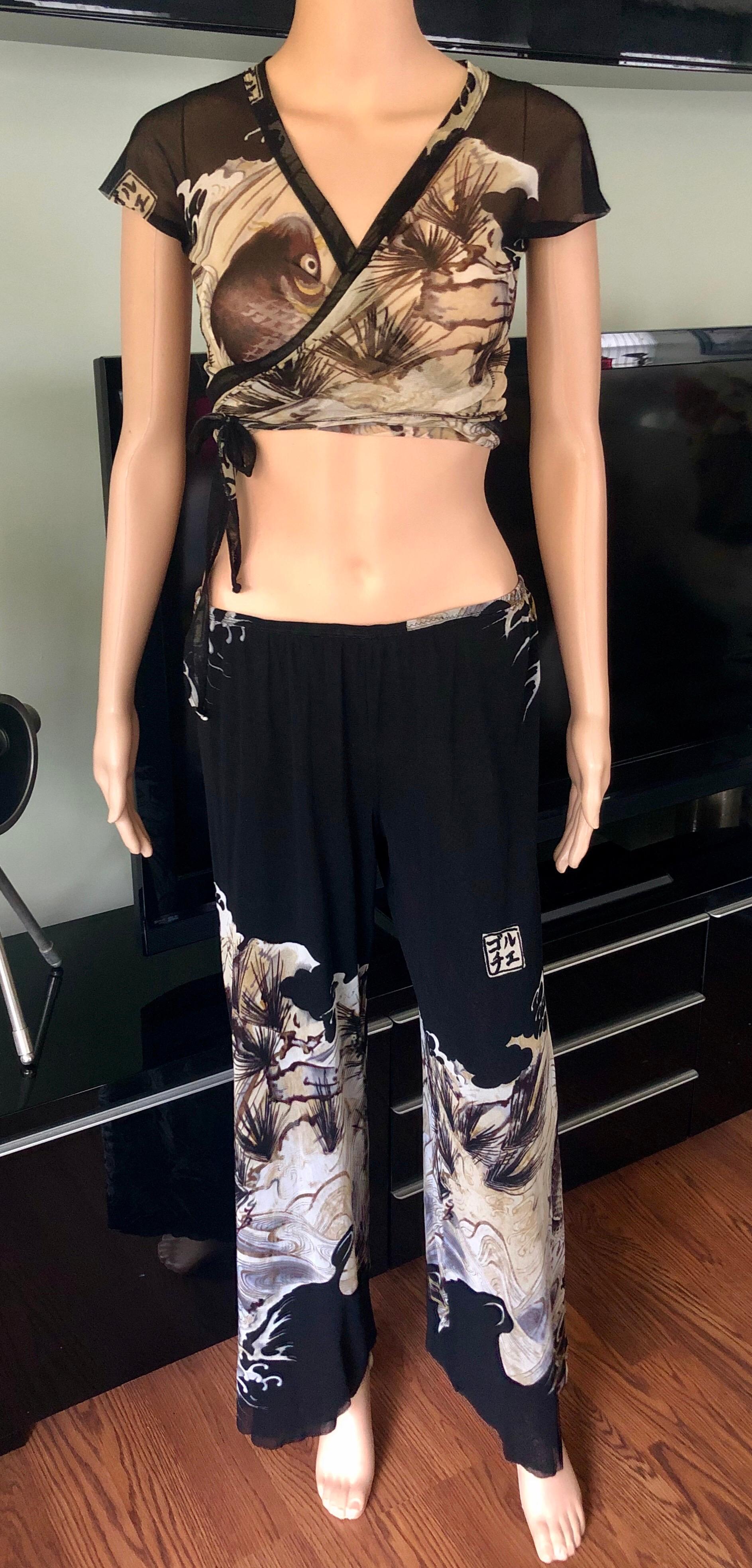 Jean Paul Gaultier Soleil Vintage Top & Hose mit Tattoo-Druck, Koi-Fisch-Print, 2 Stück (Schwarz)