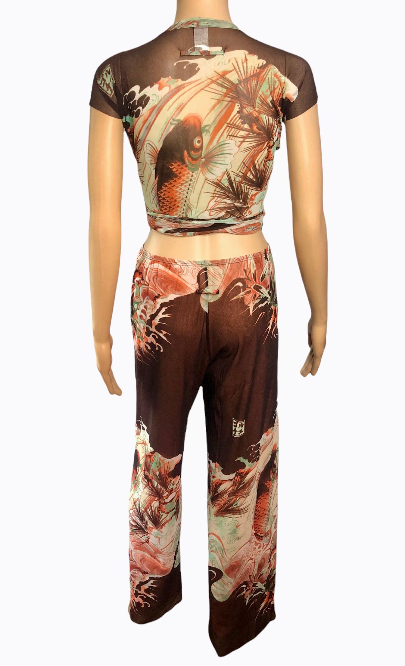 Jean Paul Gaultier Soleil Vintage Koi Fish Tattoo Print Top & Pants 2 Piece Set In Good Condition For Sale In Naples, FL