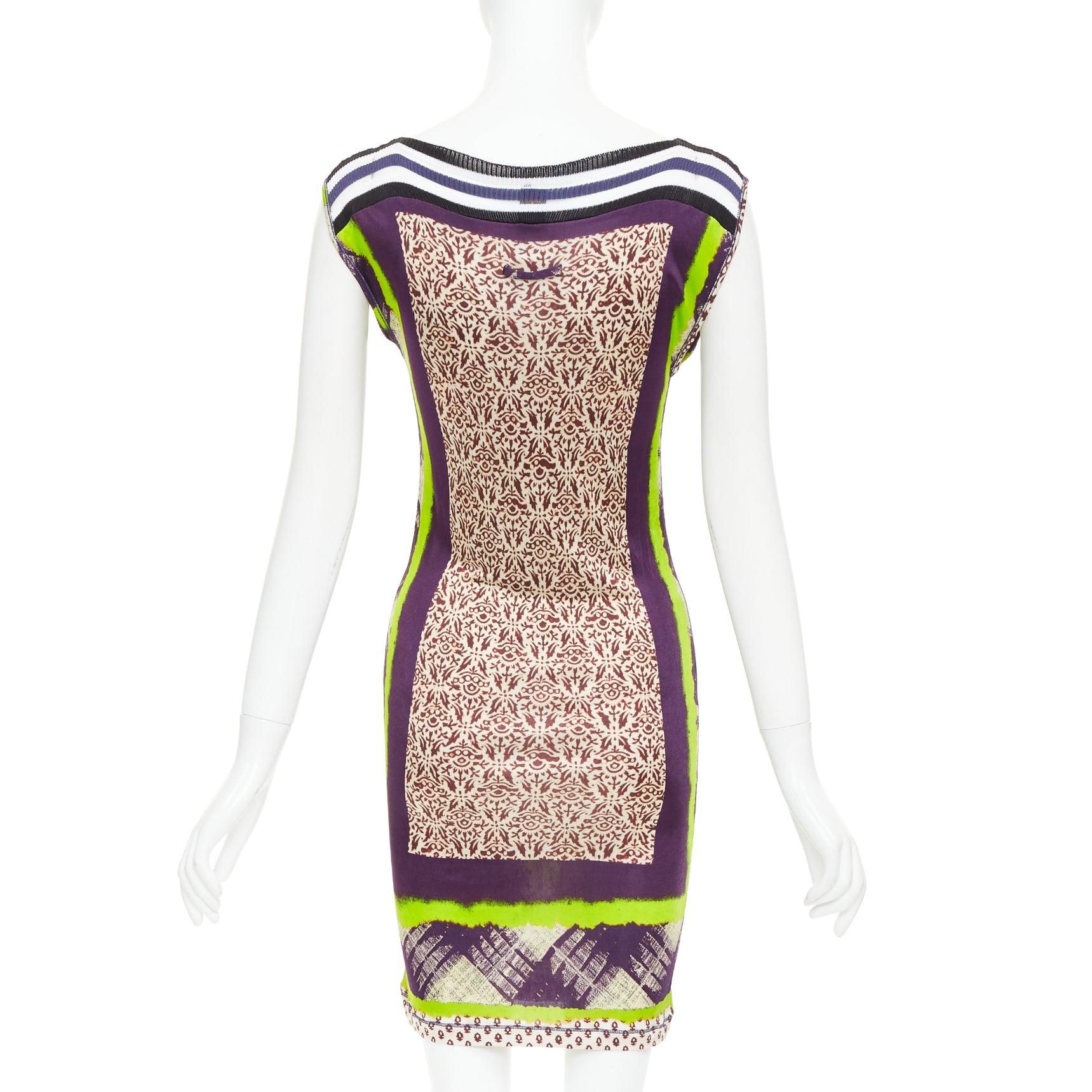JEAN PAUL GAULTIER Soleil Vintage neon purple ethnic scarf print mini dress XS Pour femmes en vente