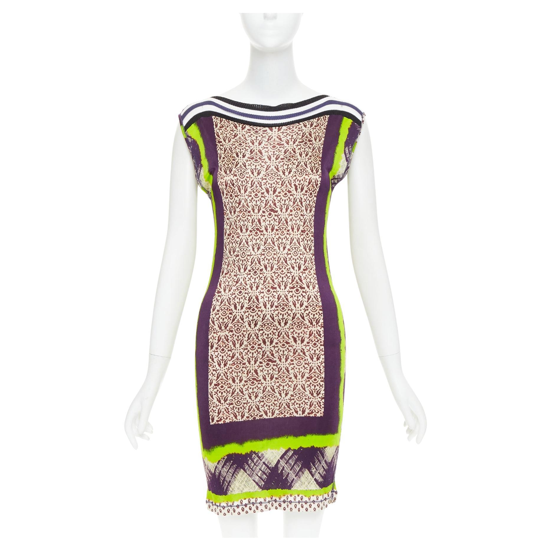 JEAN PAUL GAULTIER Soleil Vintage neon purple ethnic scarf print mini dress XS en vente