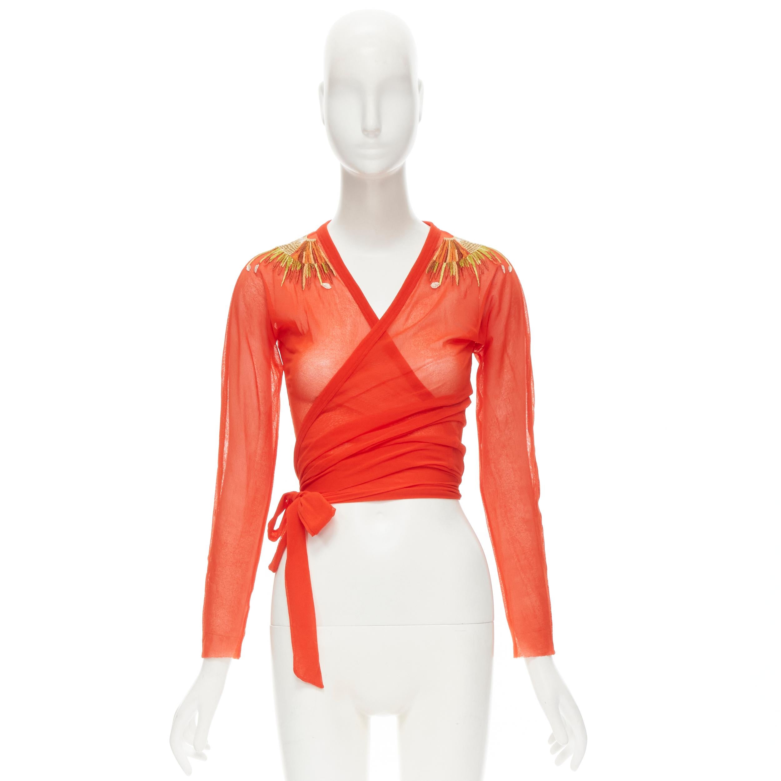 JEAN PAUL GAULTIER Soleil Vintage red polyamide feather embroidery wrap top S 5