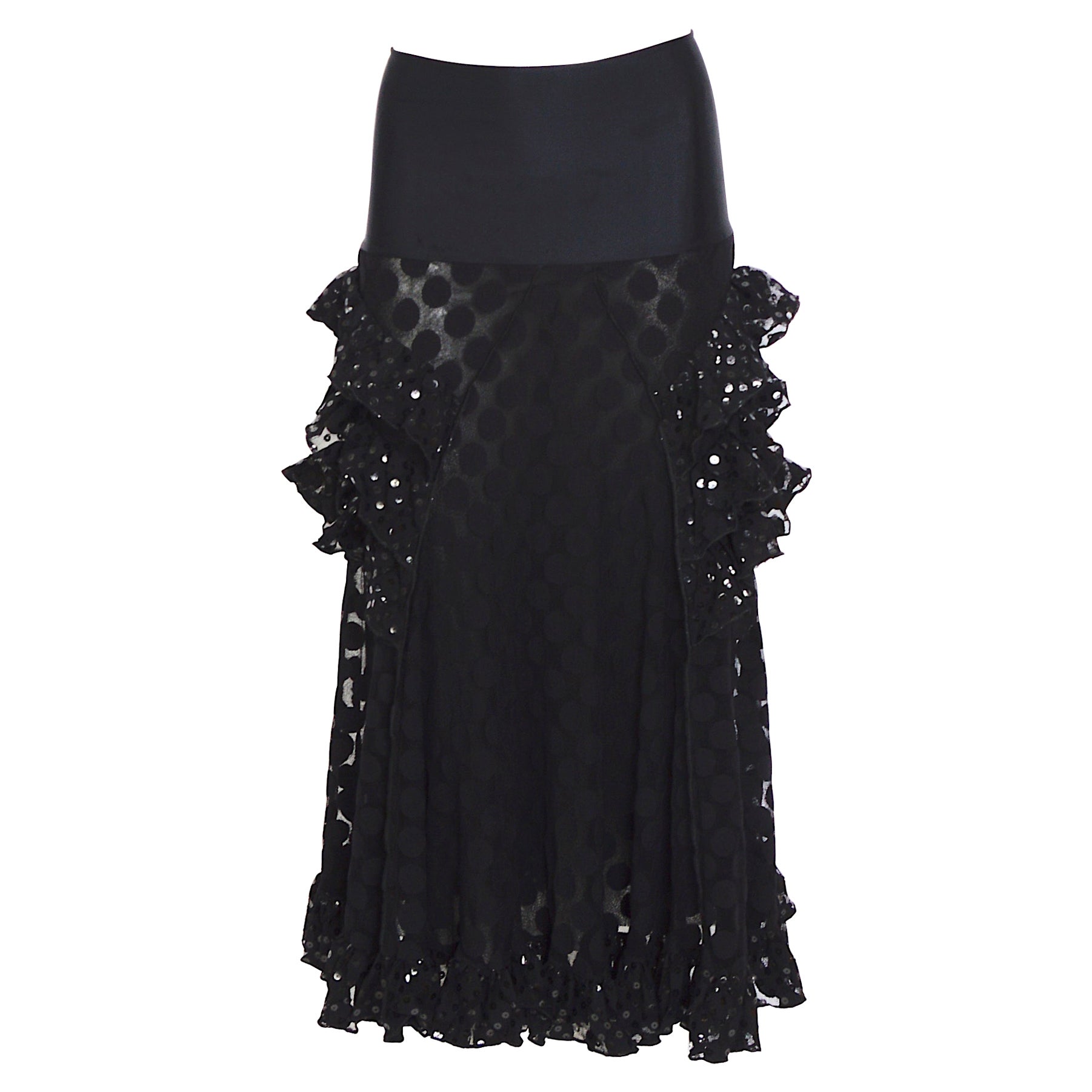 Jean Paul Gaultier soleil vintage SS 2005 black sequins & ruffles mesh skirt