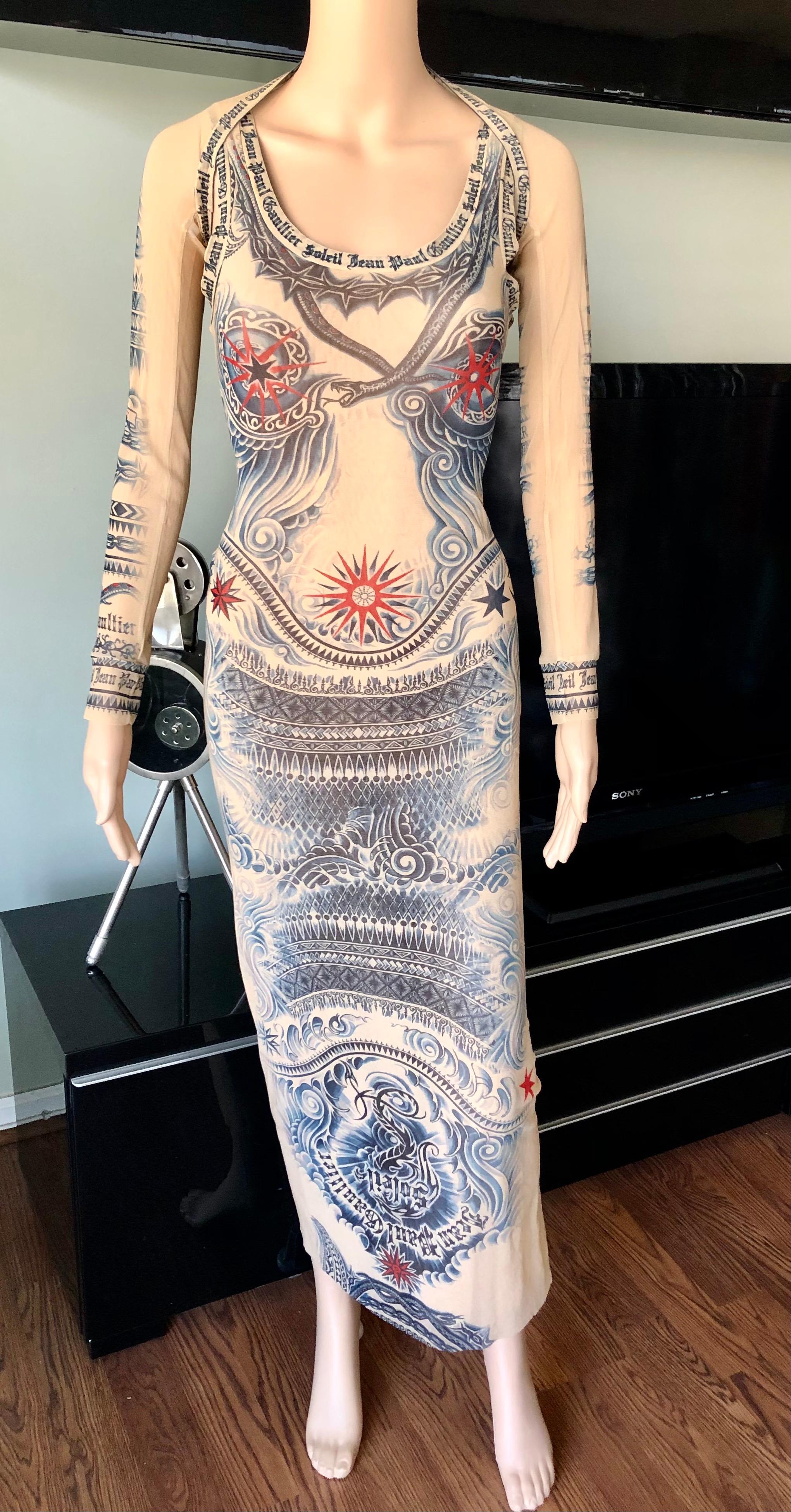 Beige Jean Paul Gaultier Soleil Vintage Tattoo Bodycon Mesh Bolero Dress 2 Piece Set