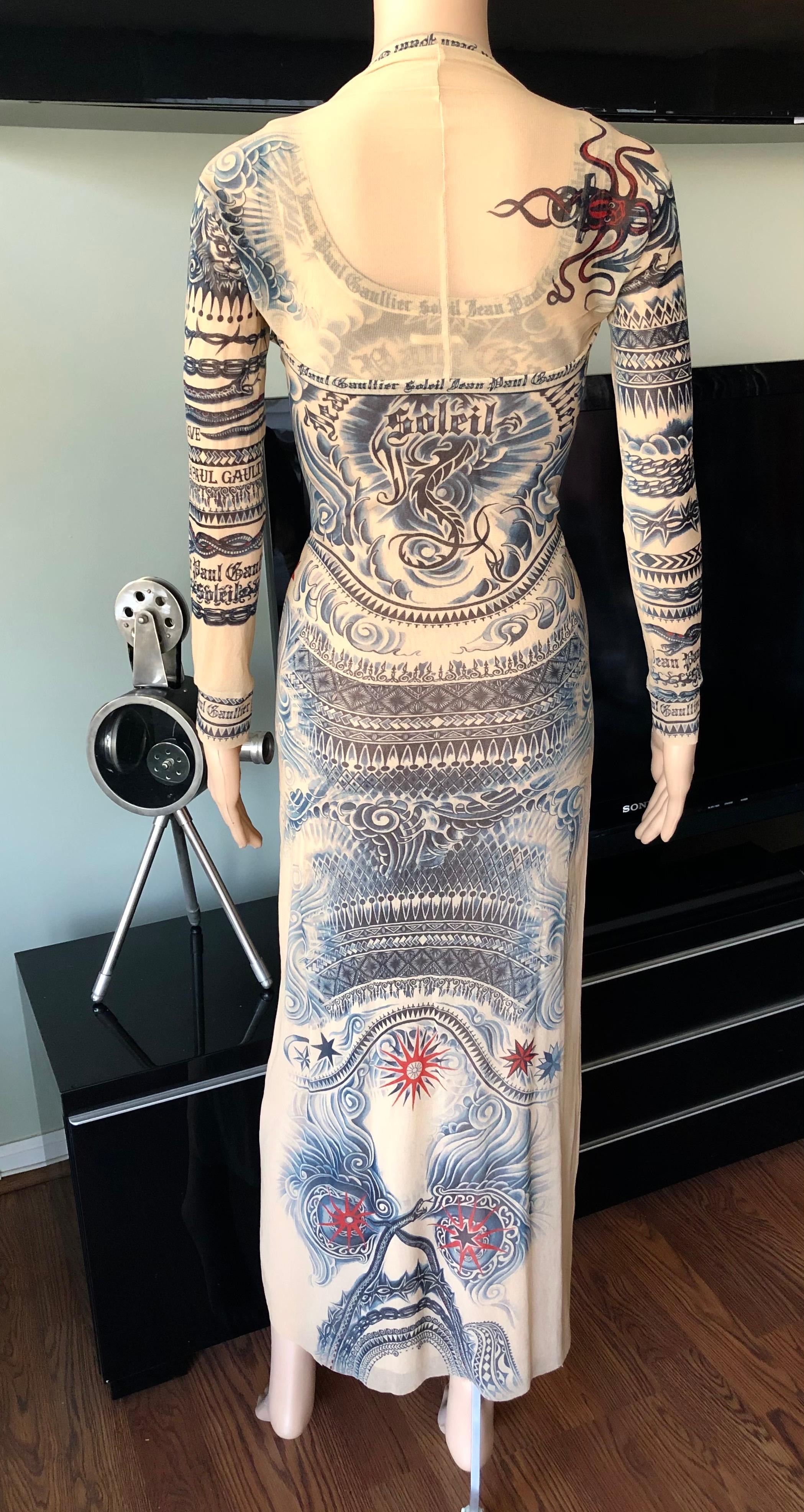 Jean Paul Gaultier Soleil Vintage Tattoo Bodycon Mesh Bolero Dress 2 Piece Set In Excellent Condition In Naples, FL