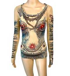 Jean Paul Gaultier Soleil Vintage Tattoo Print Sheer Mesh Top
