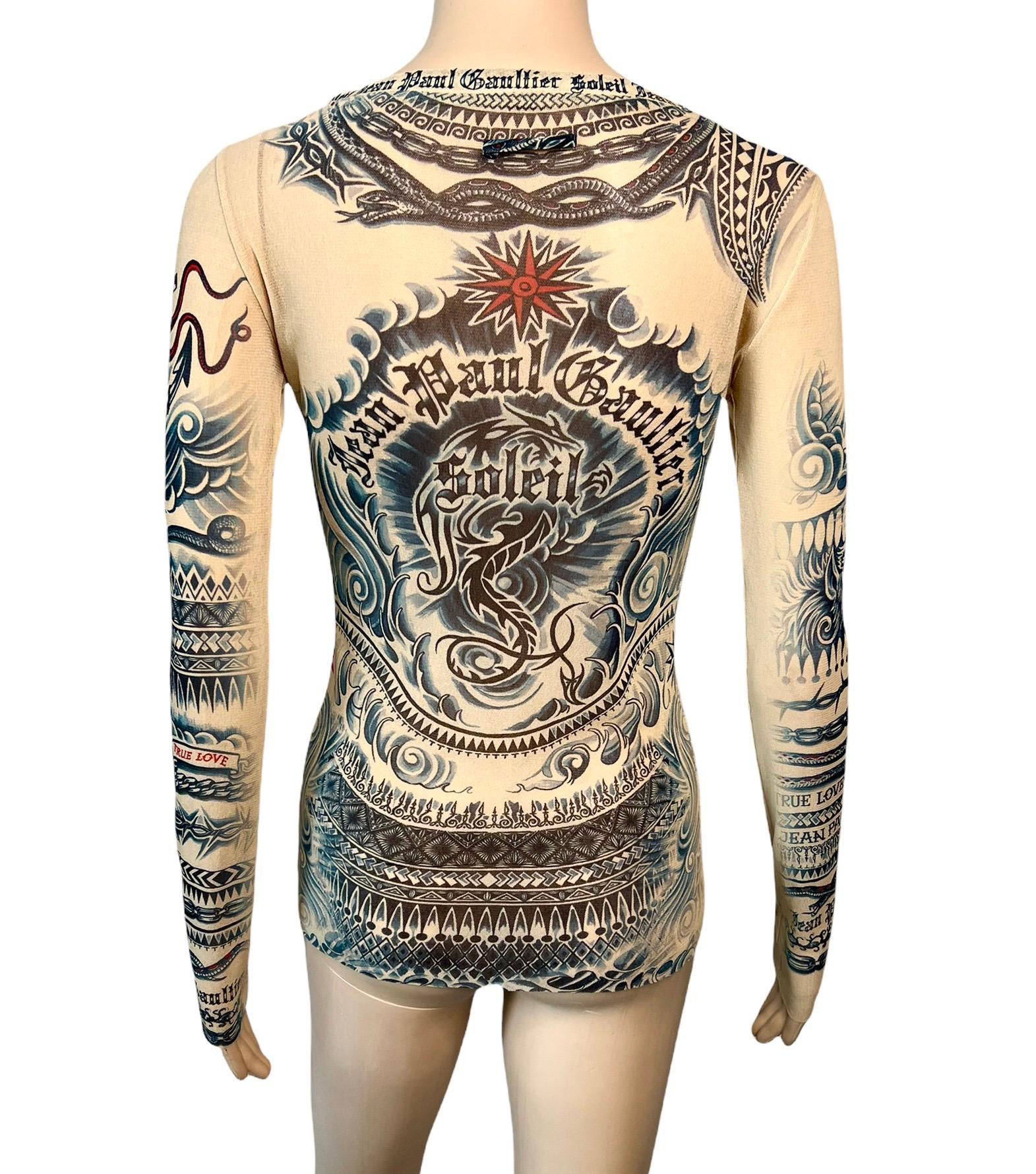 Beige Haut en maille transparente imprimé tatouage vintage Jean Paul Gaultier Soleil en vente