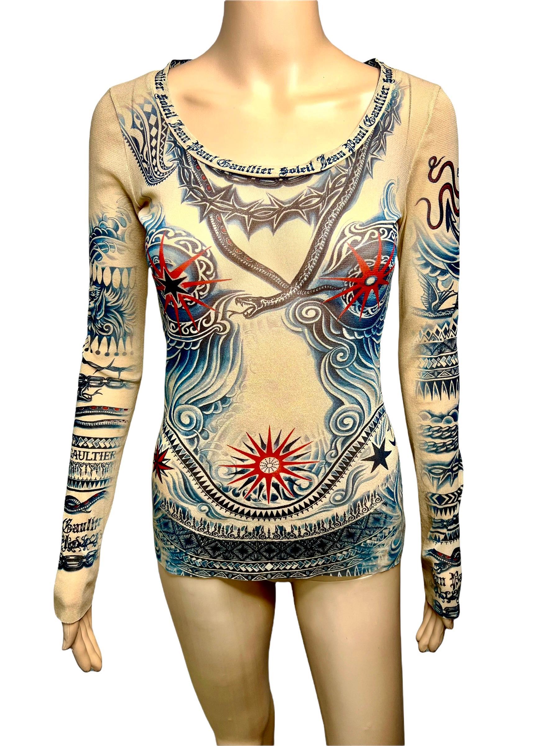 Haut en maille transparente imprimé tatouage vintage Jean Paul Gaultier Soleil Unisexe en vente