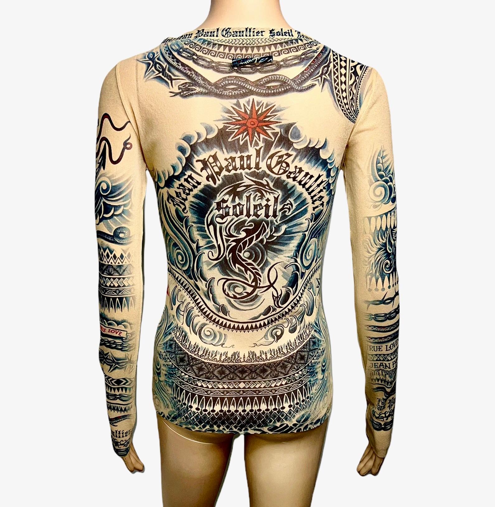 Haut en maille transparente imprimé tatouage vintage Jean Paul Gaultier Soleil en vente 1